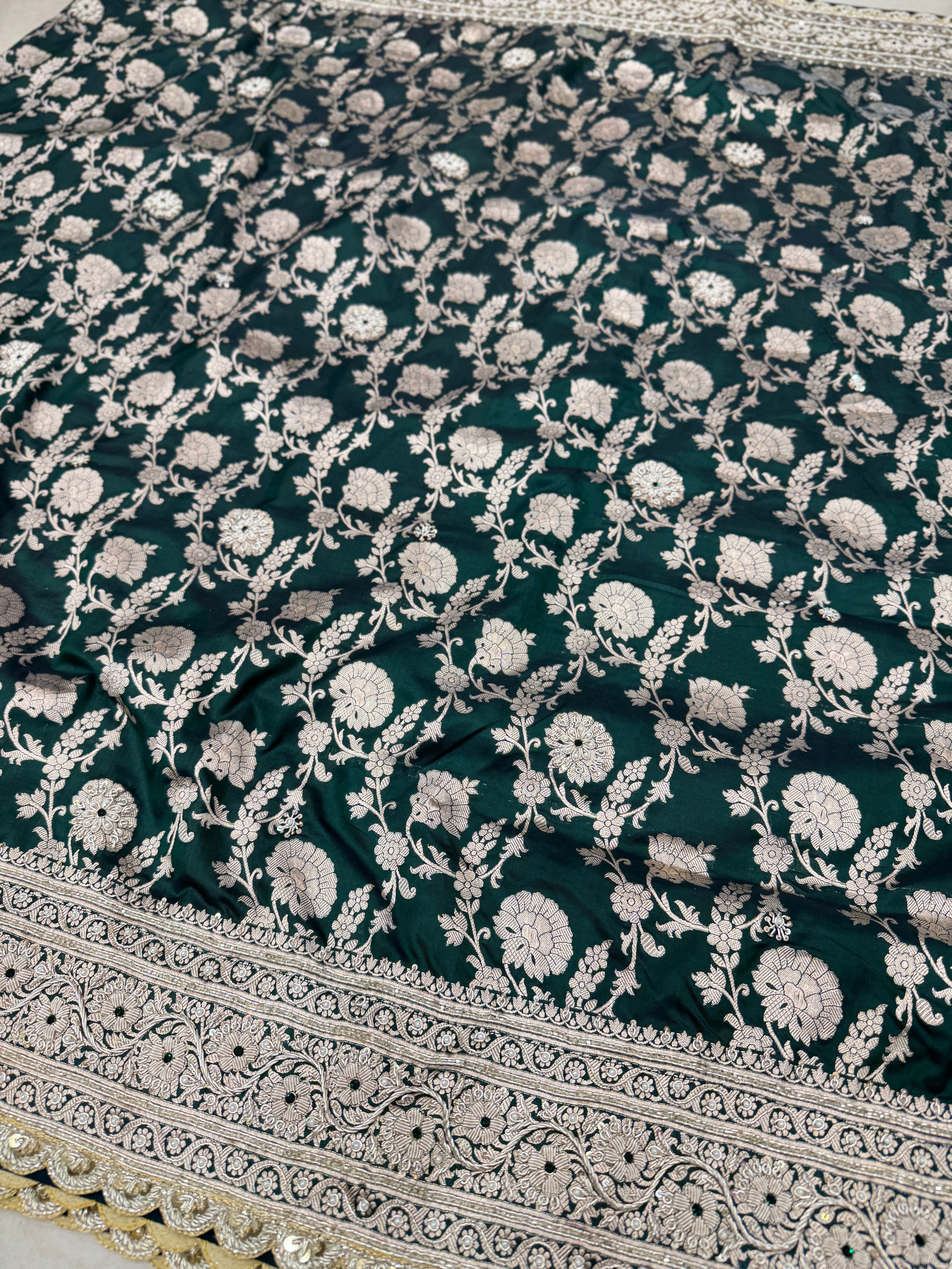 Bottle Green Handloom Banarasi Katan Jaal Zardosi Embroidery Saree