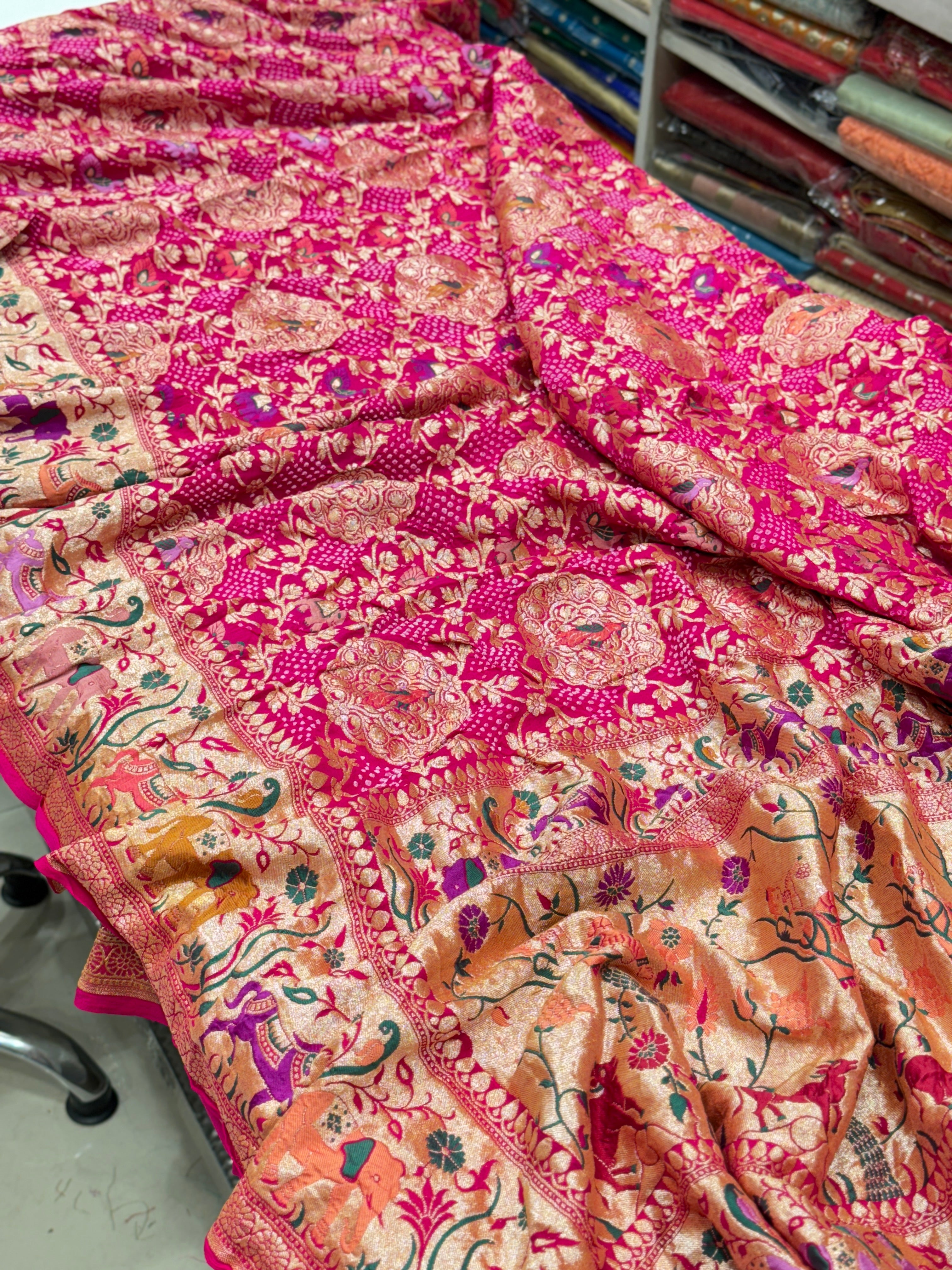 Rani Pink Luxury Bandhej Meenakari Saree