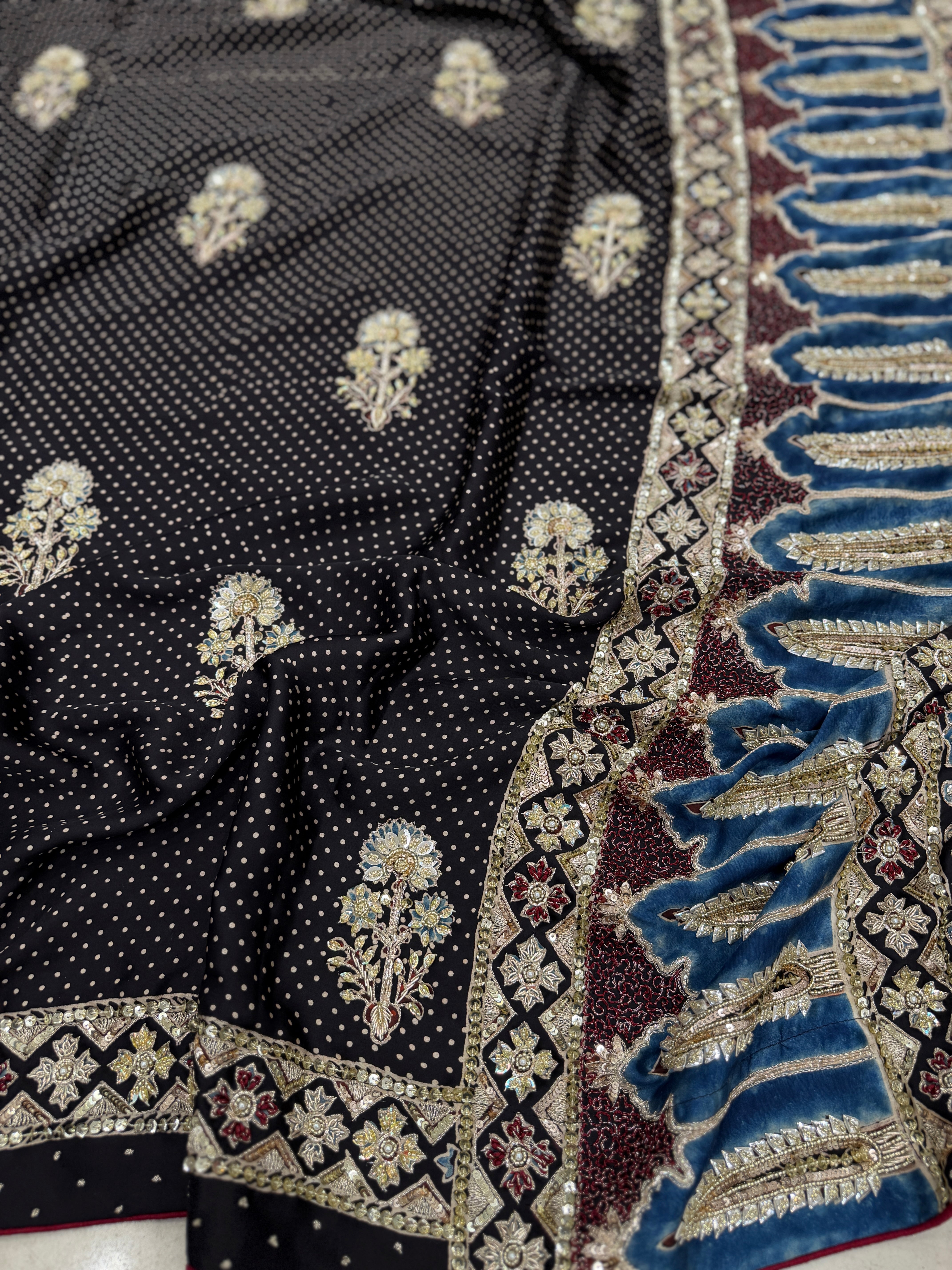 Black Buttas Pita Zardosi Sequin Ajrakh Hand Embroidery Saree