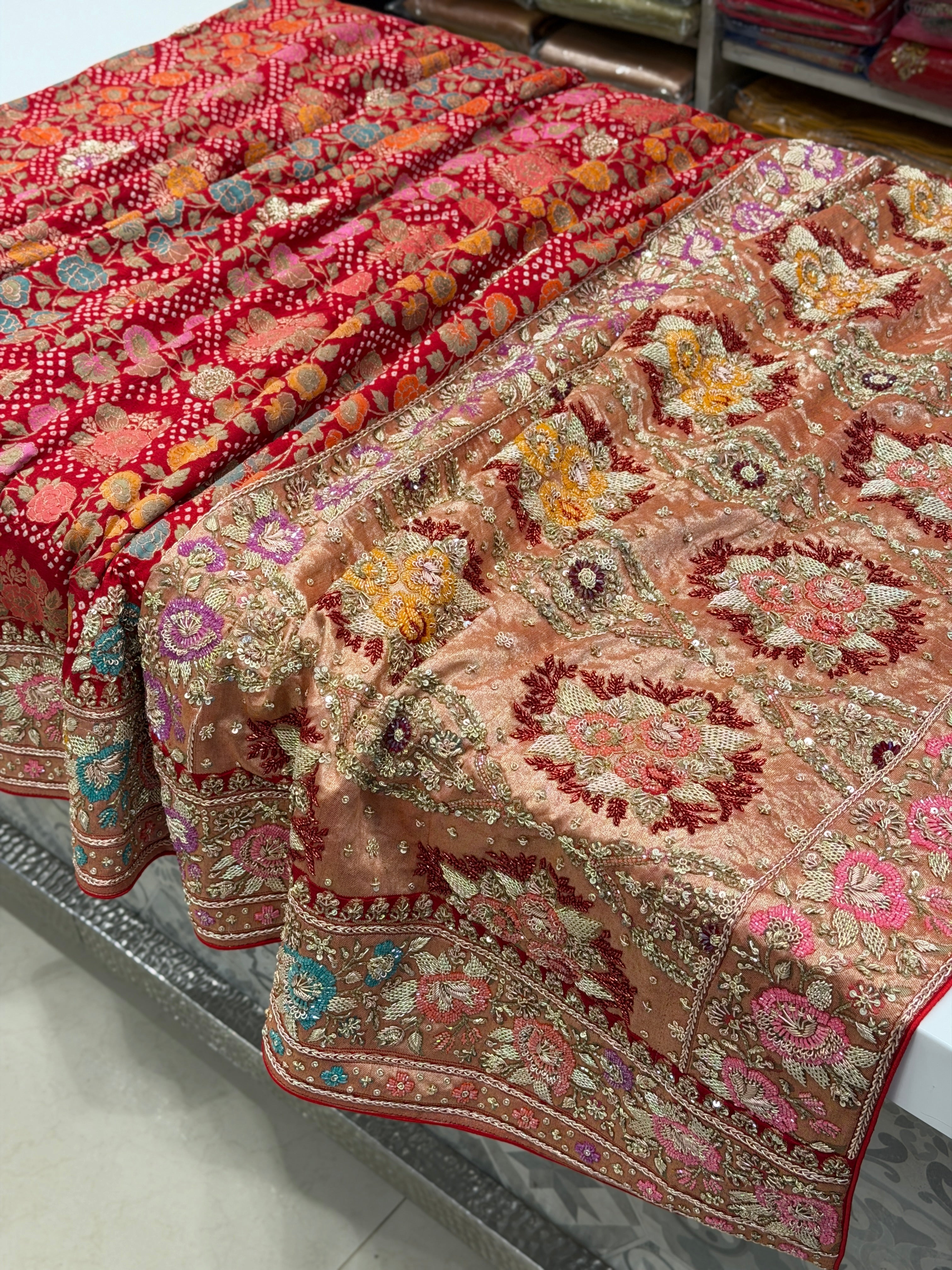 Red Meenakari Bandhej Zardodi Sequin Hand Embroidery Saree