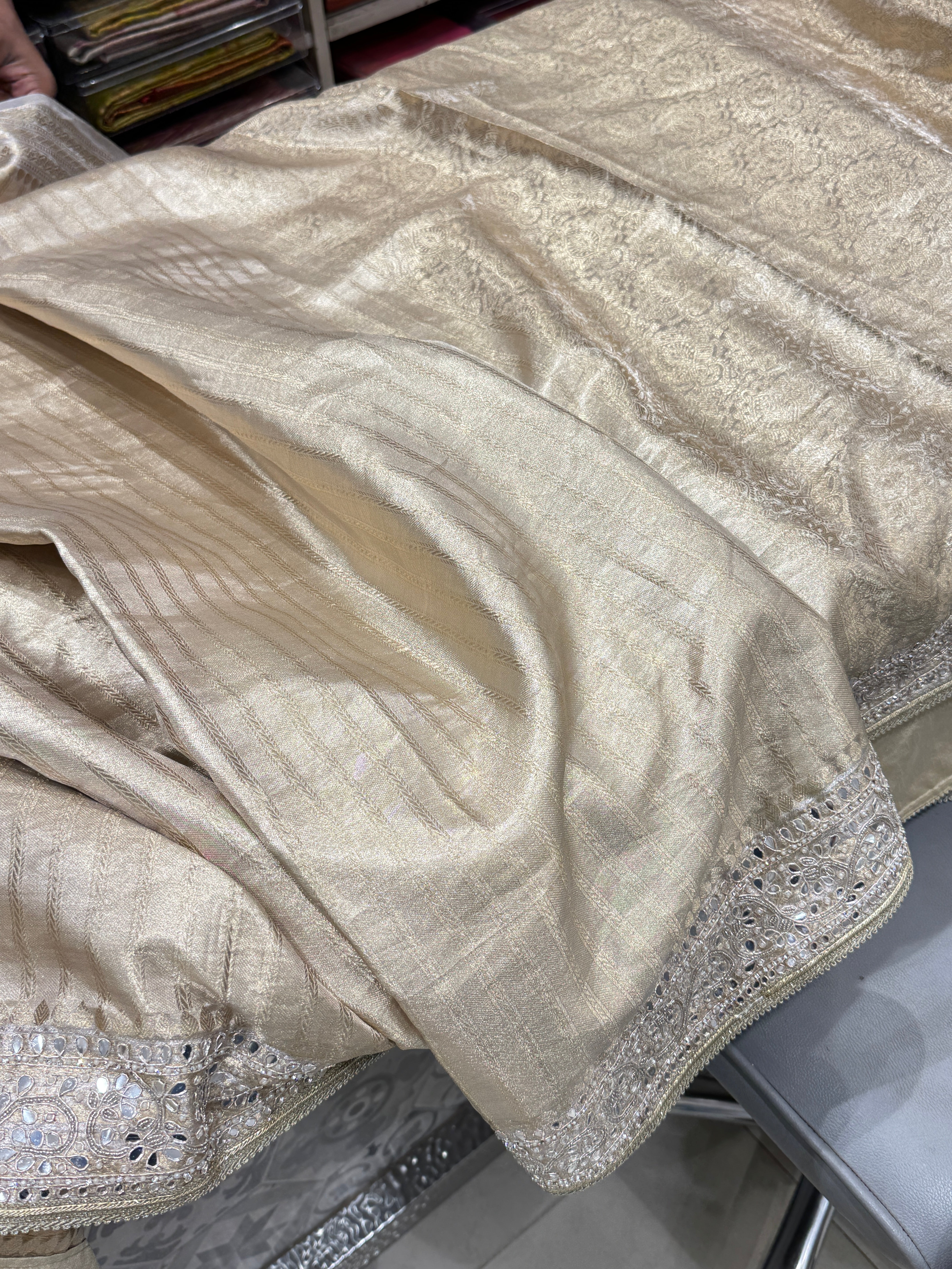 Gold Tissue Kanjivaram Moti Hand Embroidery Saree