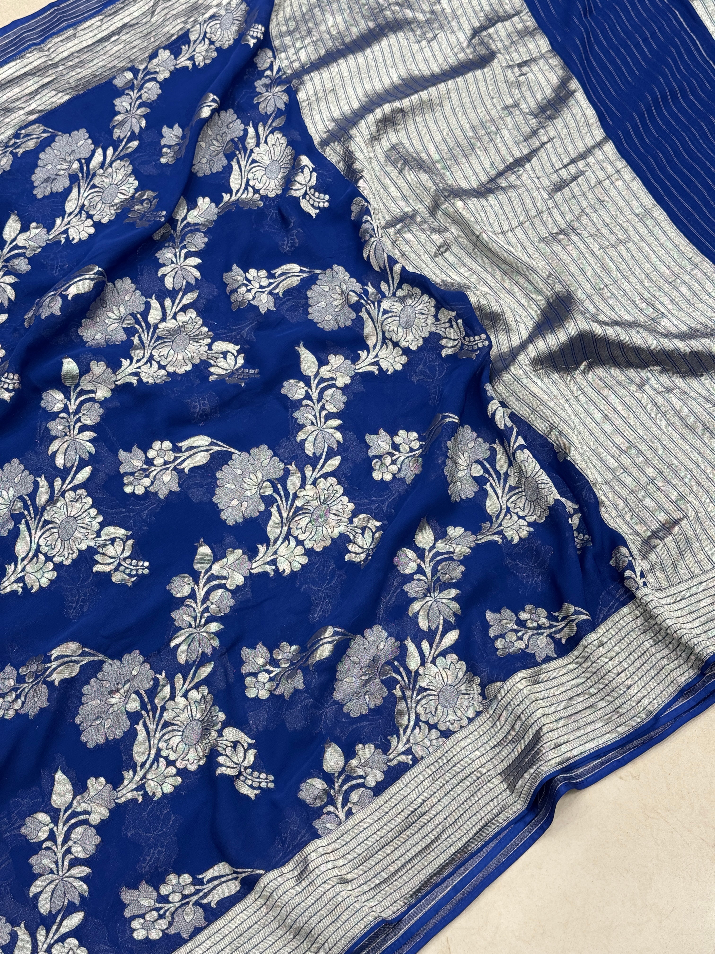 Royal Blue Banarasi Khaddi Georgette Silver Zari Jaal Saree