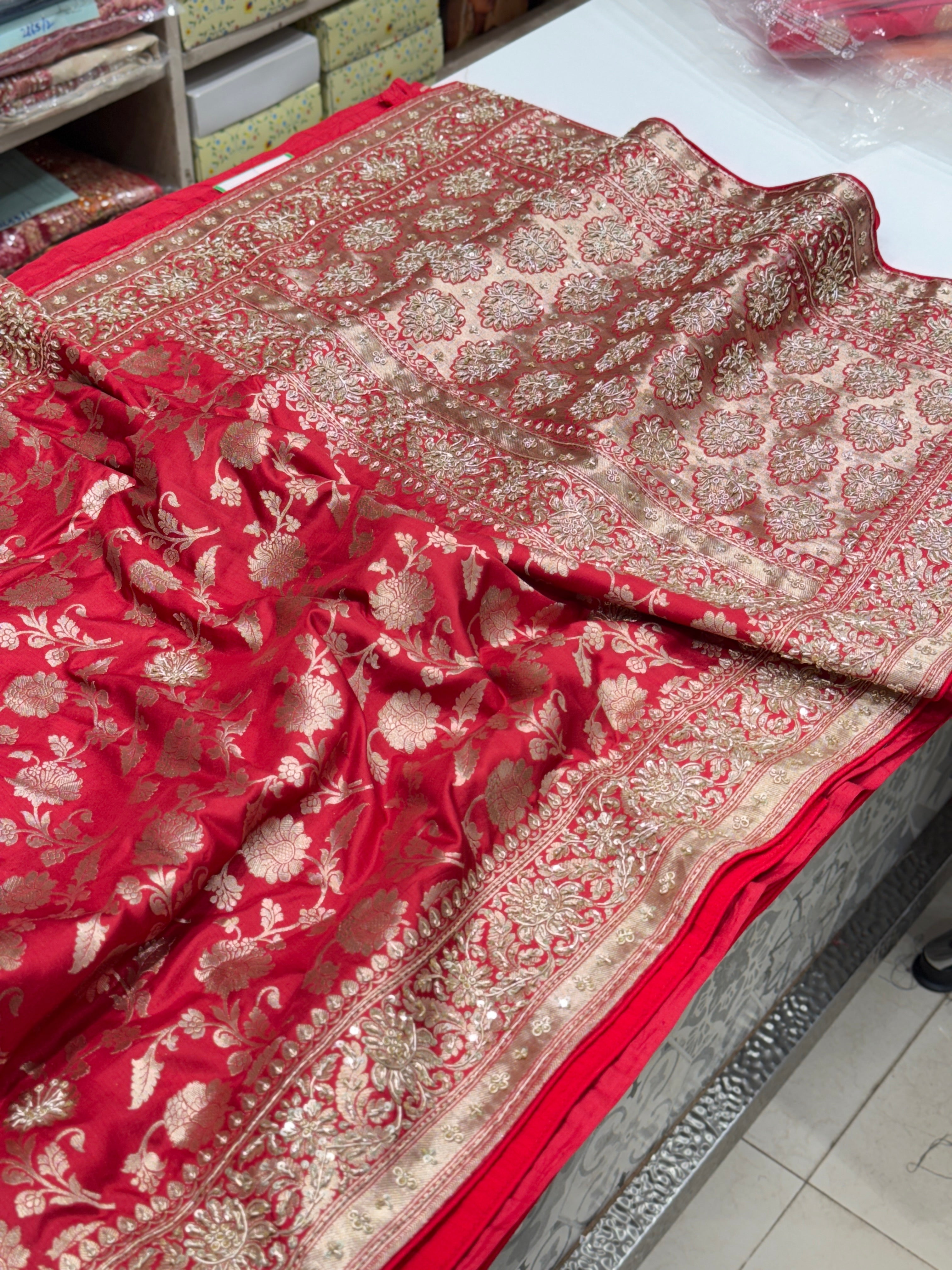 Red Banarasi Handloom Katan Embroidery Saree