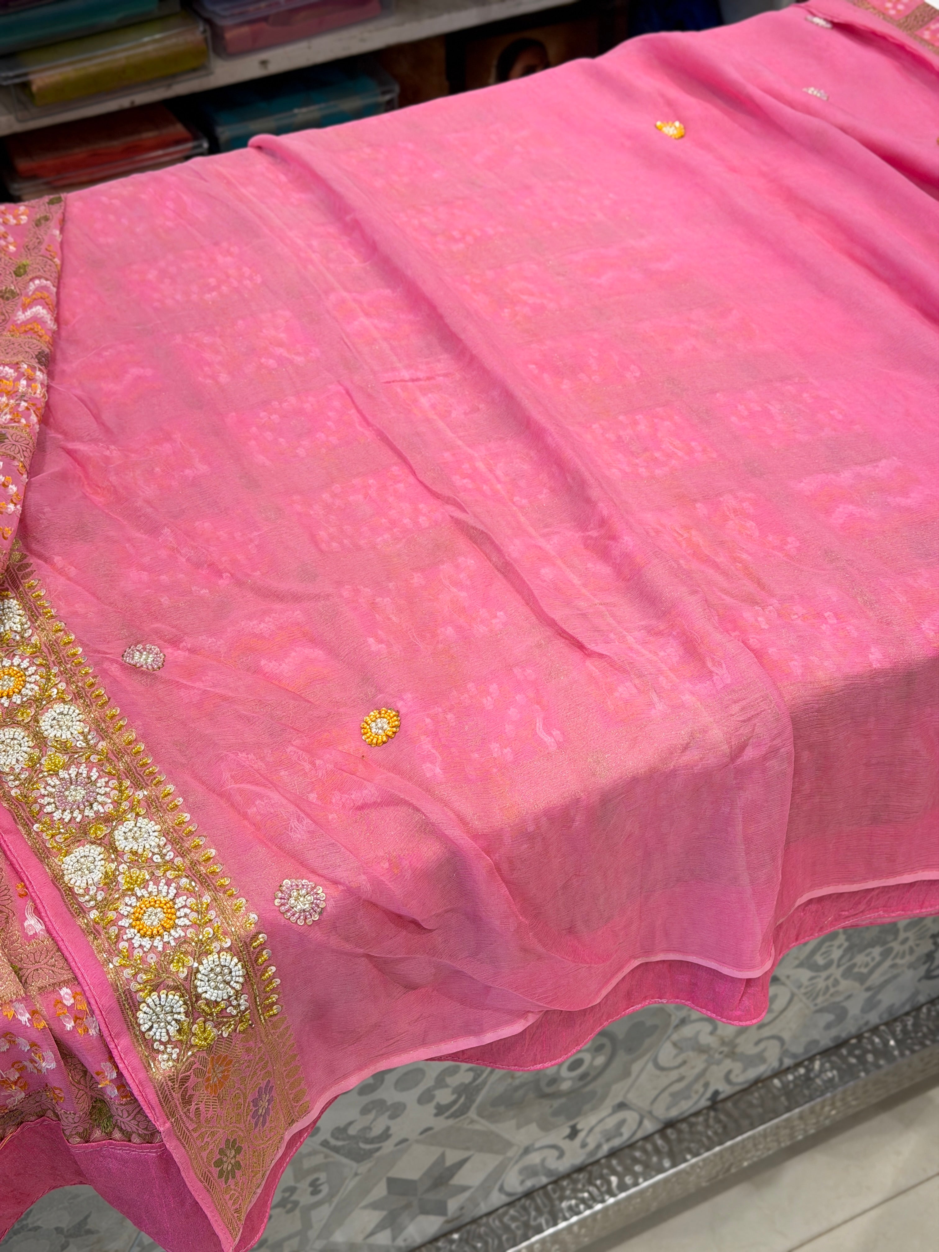 Pink Gharchola without Figures Moti Sequin Zardosi Hand Embroidery Georgette Saree