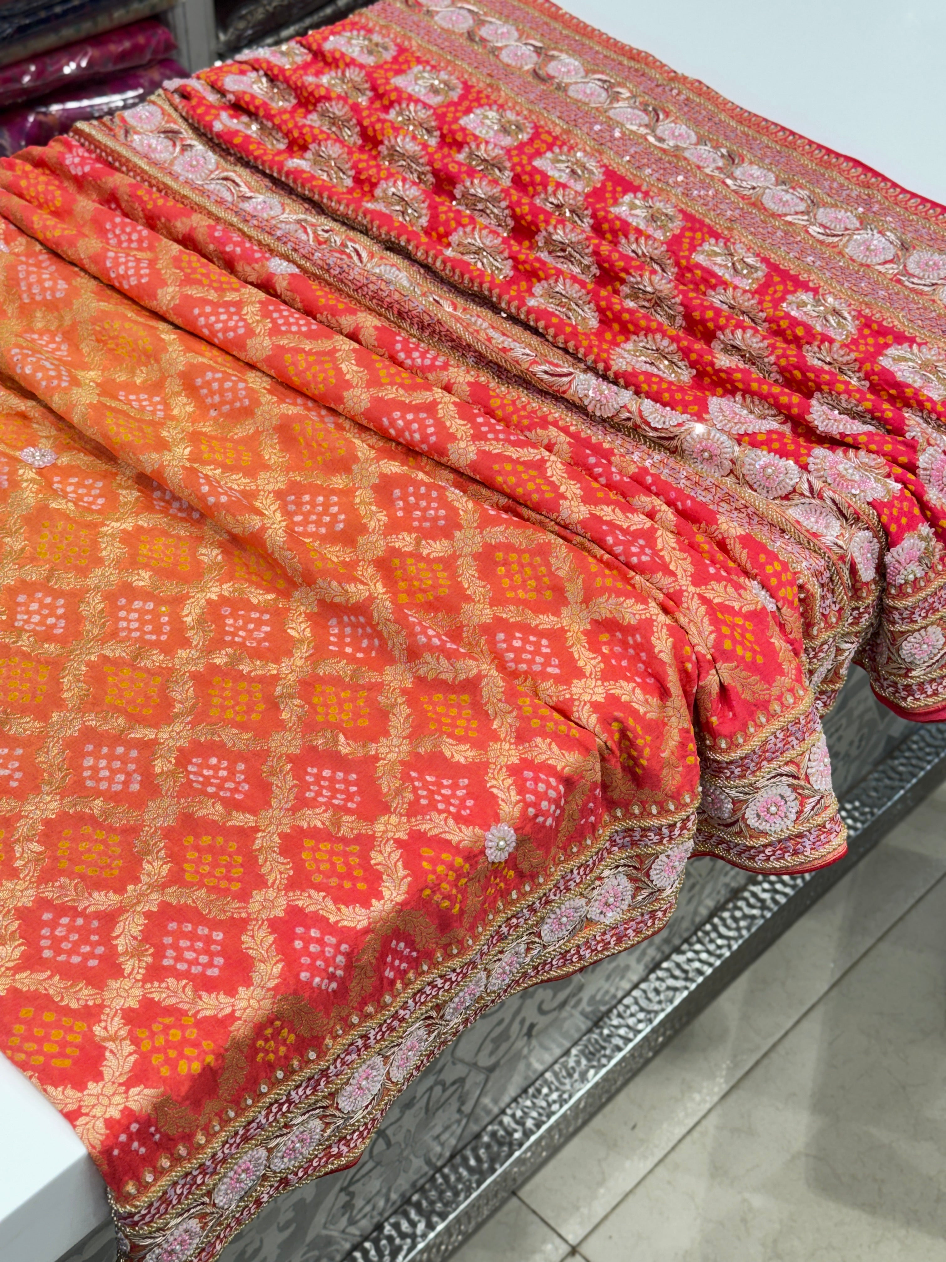 Shaded Peach Orange Bandhej Hand Embroidery Saree