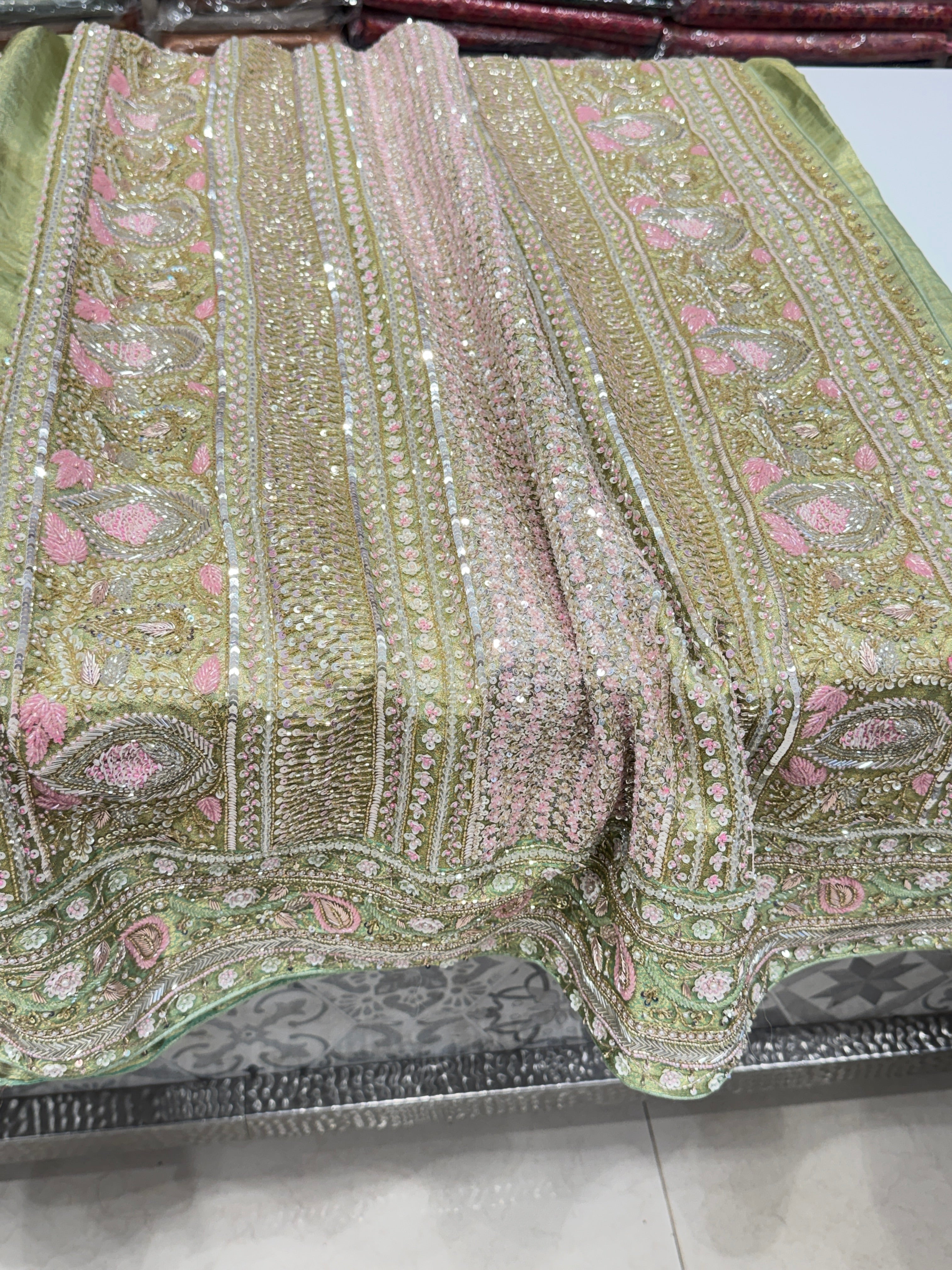 Pista Green Tissue Kanjivaram Hand Embroidery Saree
