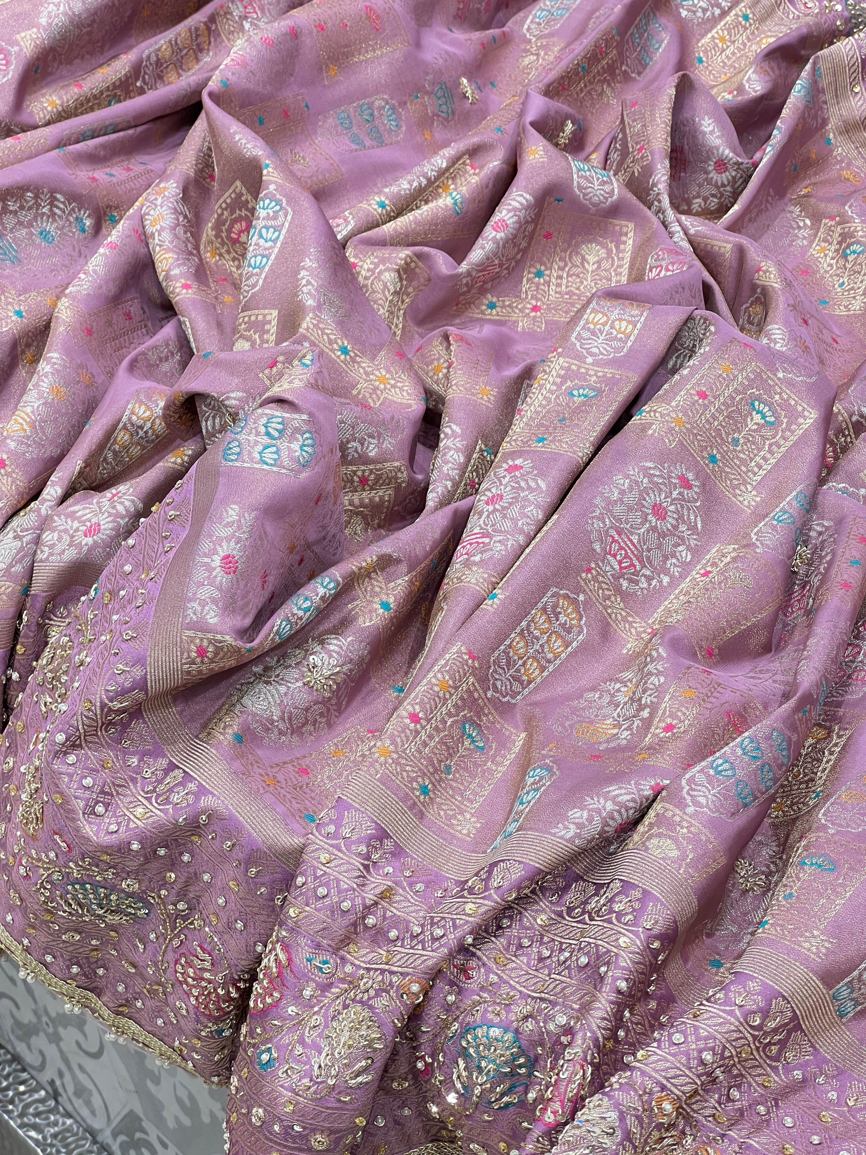 Lilac Tissue Banarasi Hand Embroidery Saree