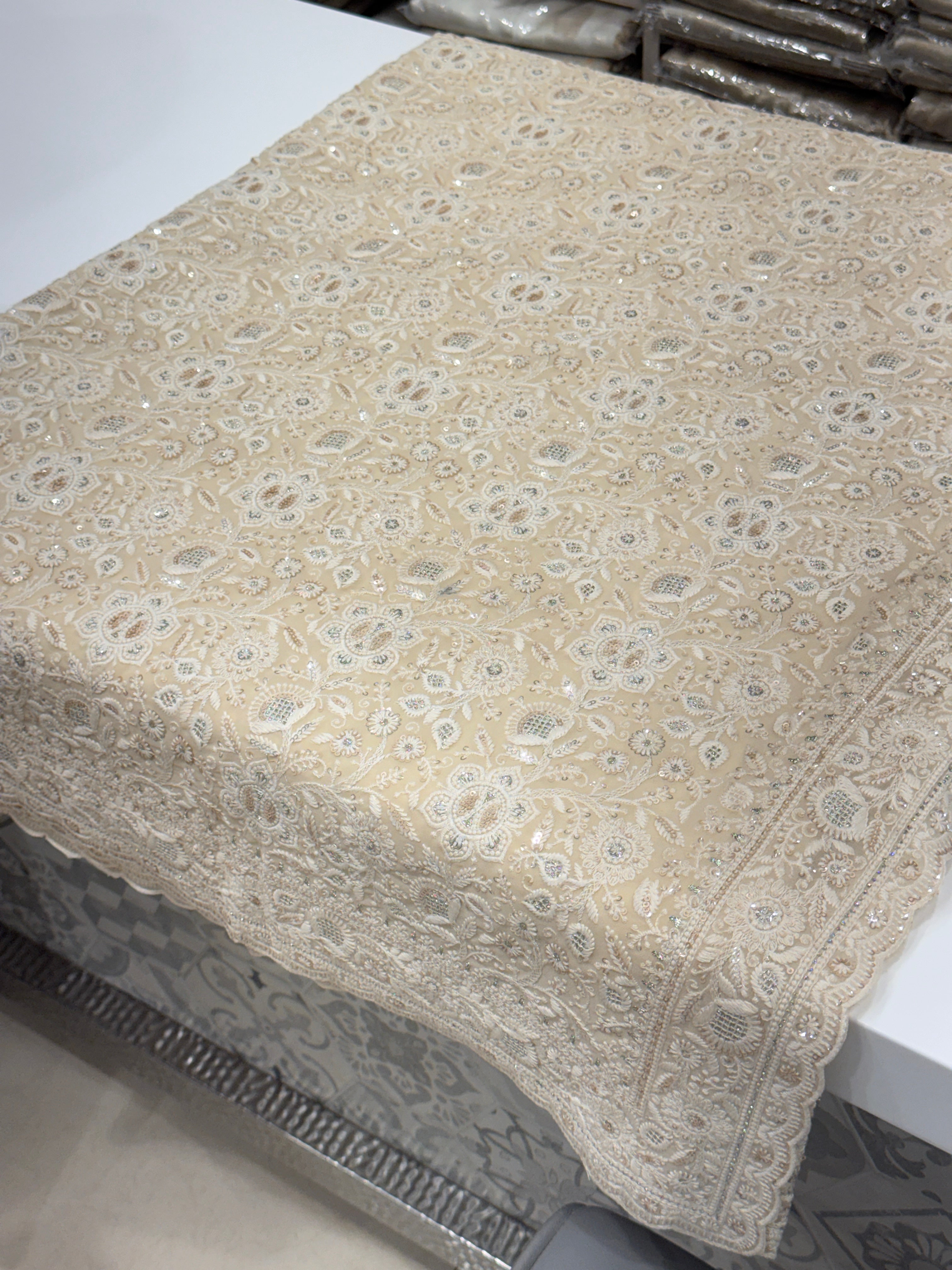 Cream Pink Chikankari Small Scallop Design Saree
