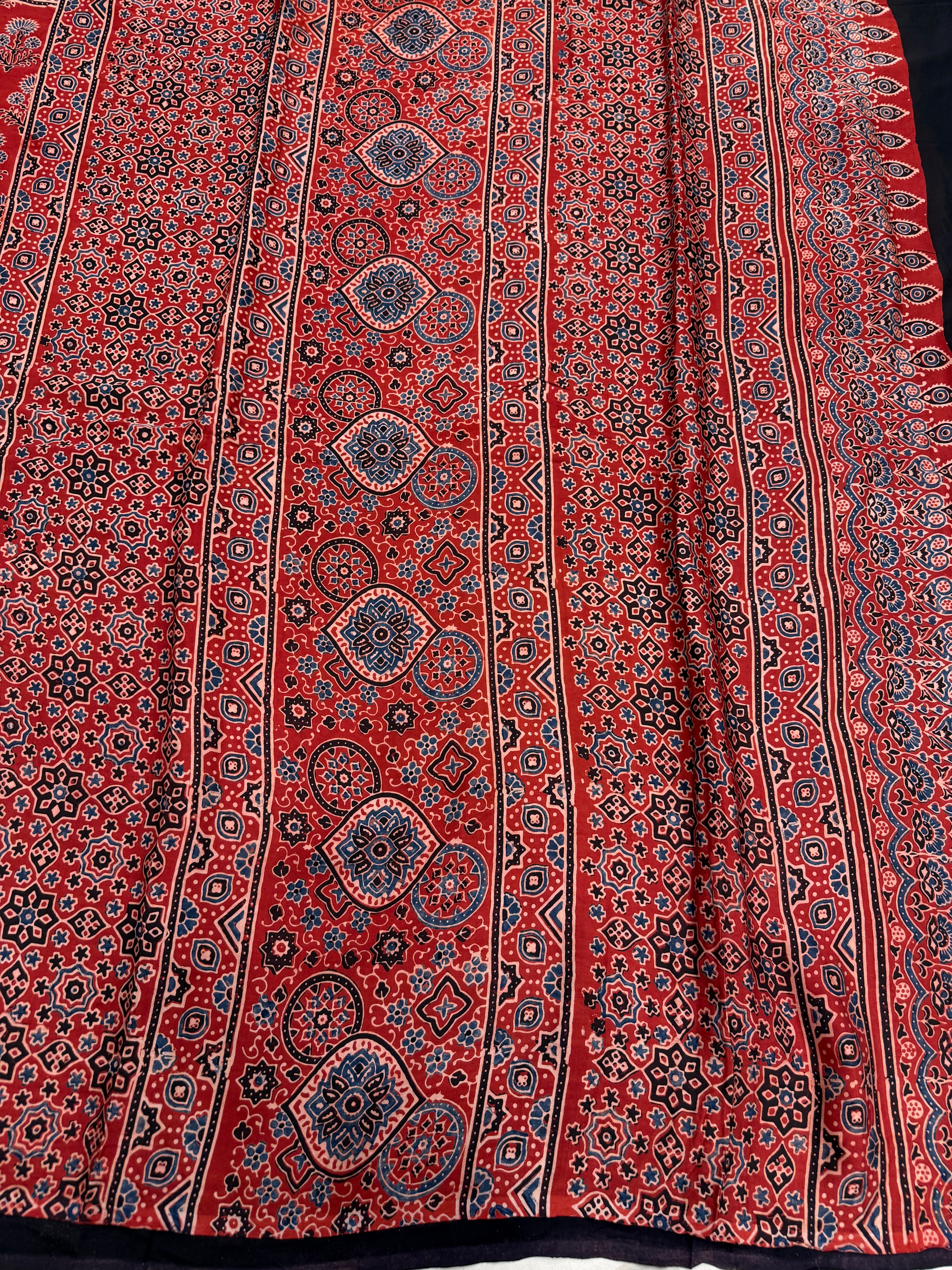 Red Buttas Ajrakh Hand Block Print Pure Gajji Silk Saree