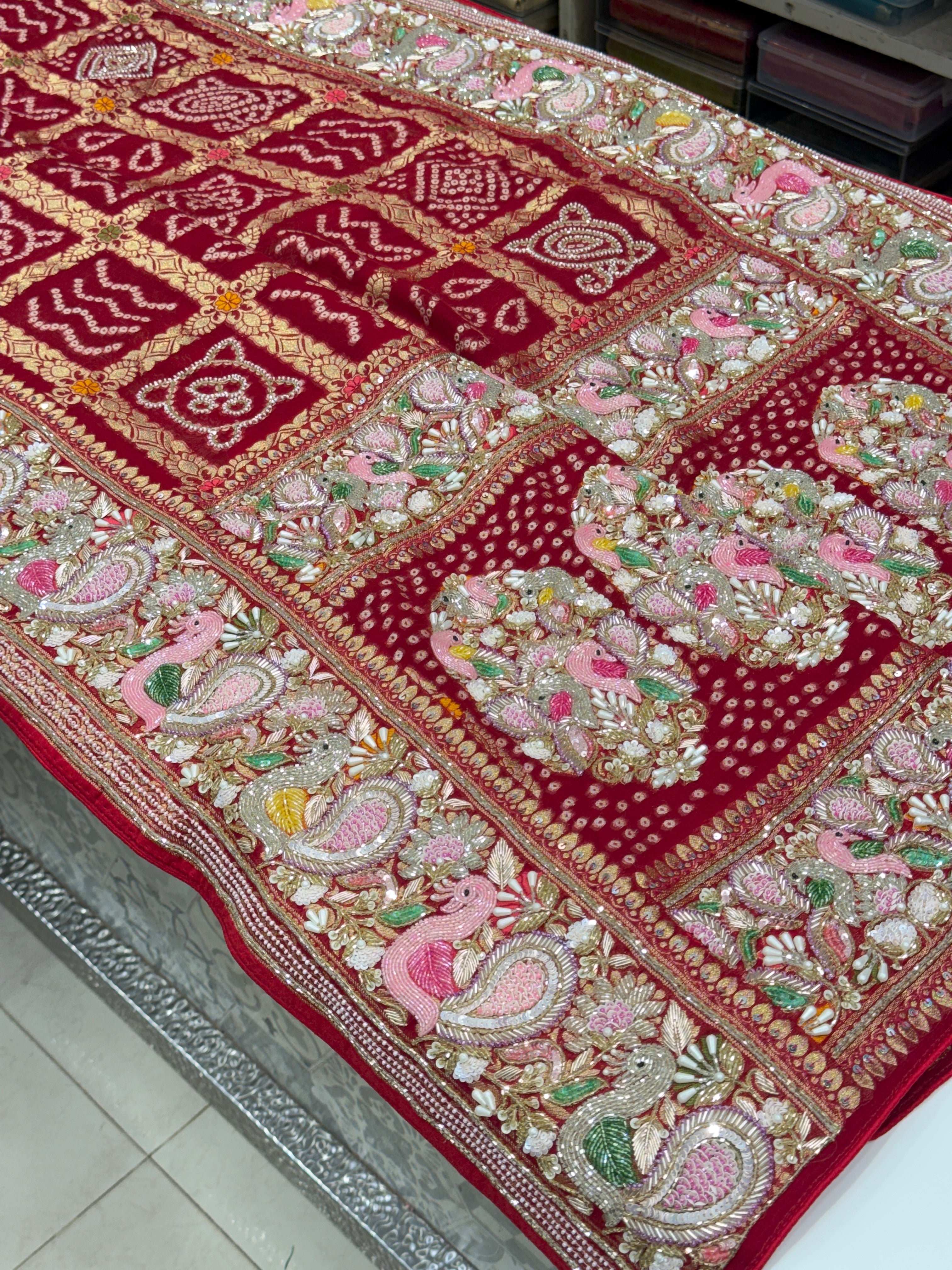 Red Gharchola Moti Sequin Zardosi Hand Embroidery Georgette Saree