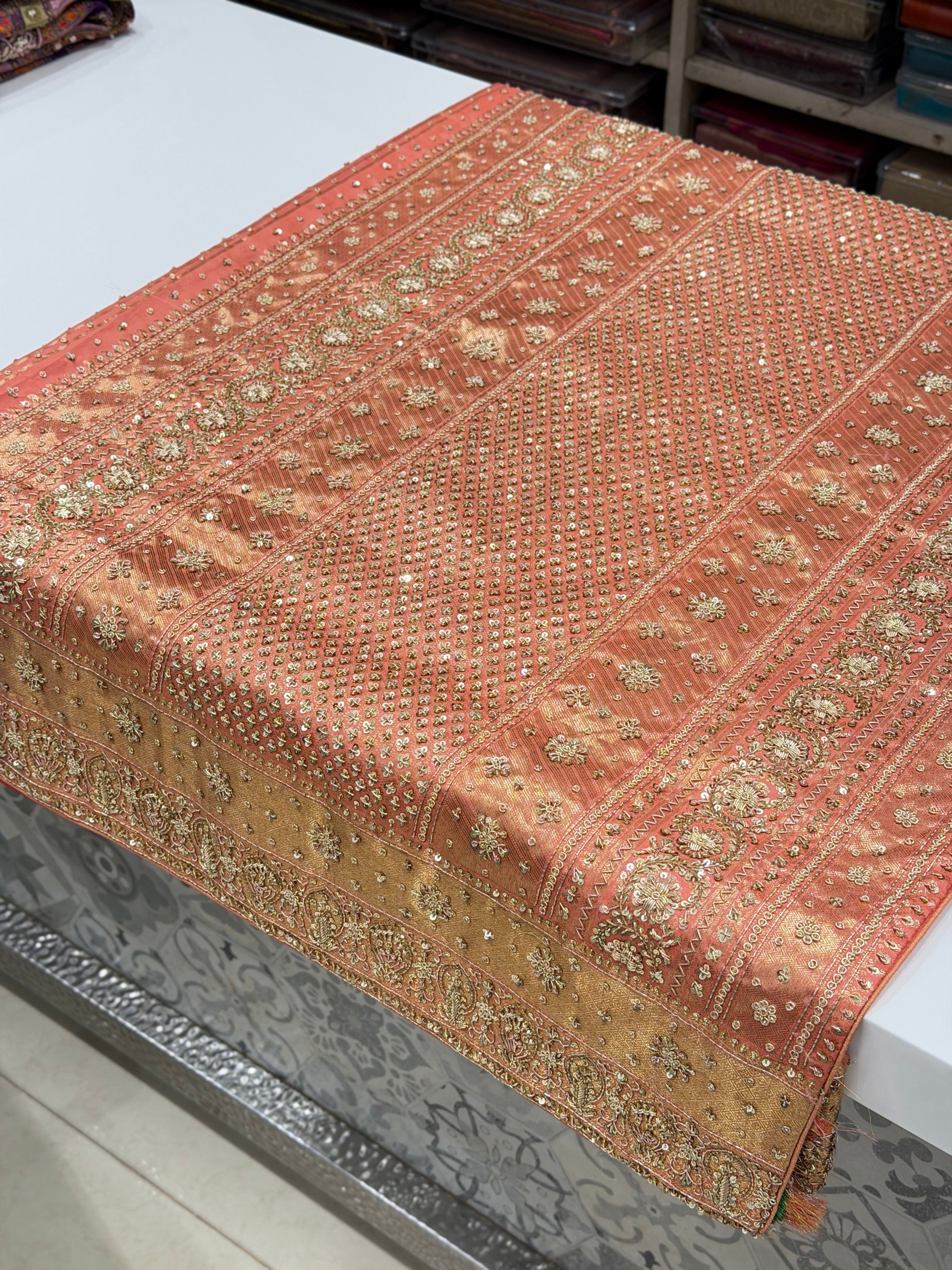 Pastel Peachish Pink Kanjivaram Zardosi Hand Embroidery Saree