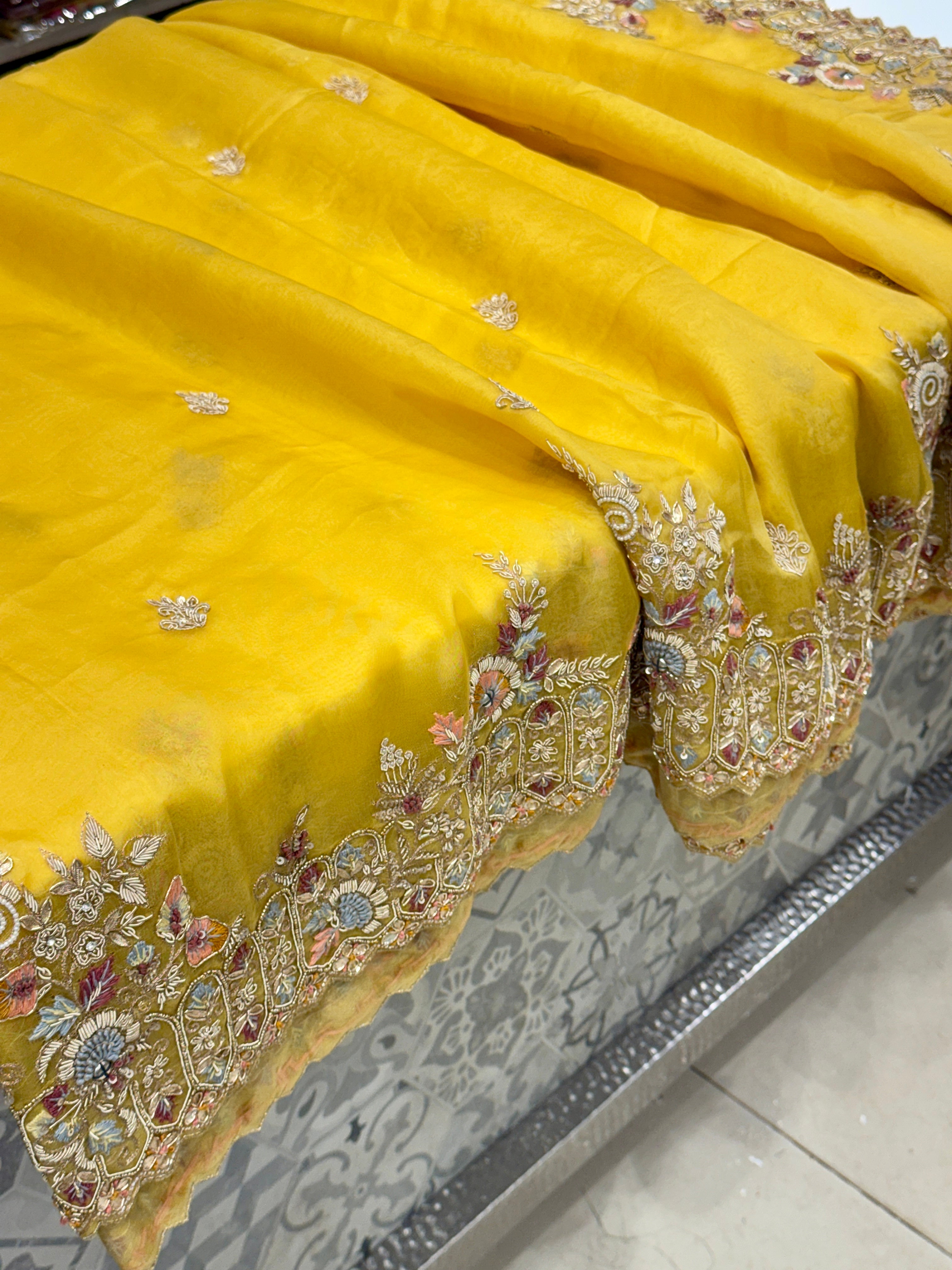 Yellow Organza Zardosi Resham Knot Embroidery Saree