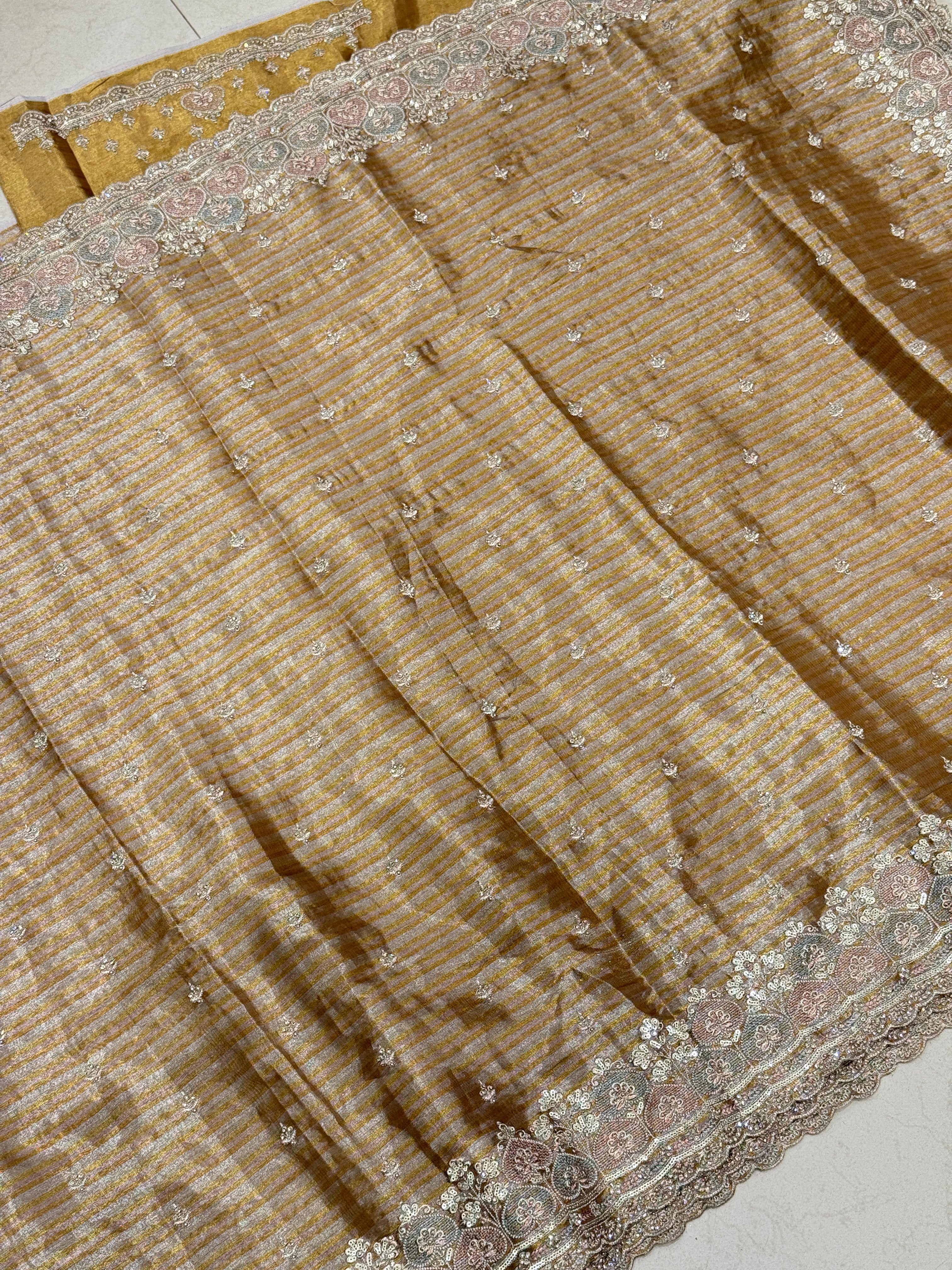 Golden Silver Soft Tissue Meenakari Pita Embroidery Saree