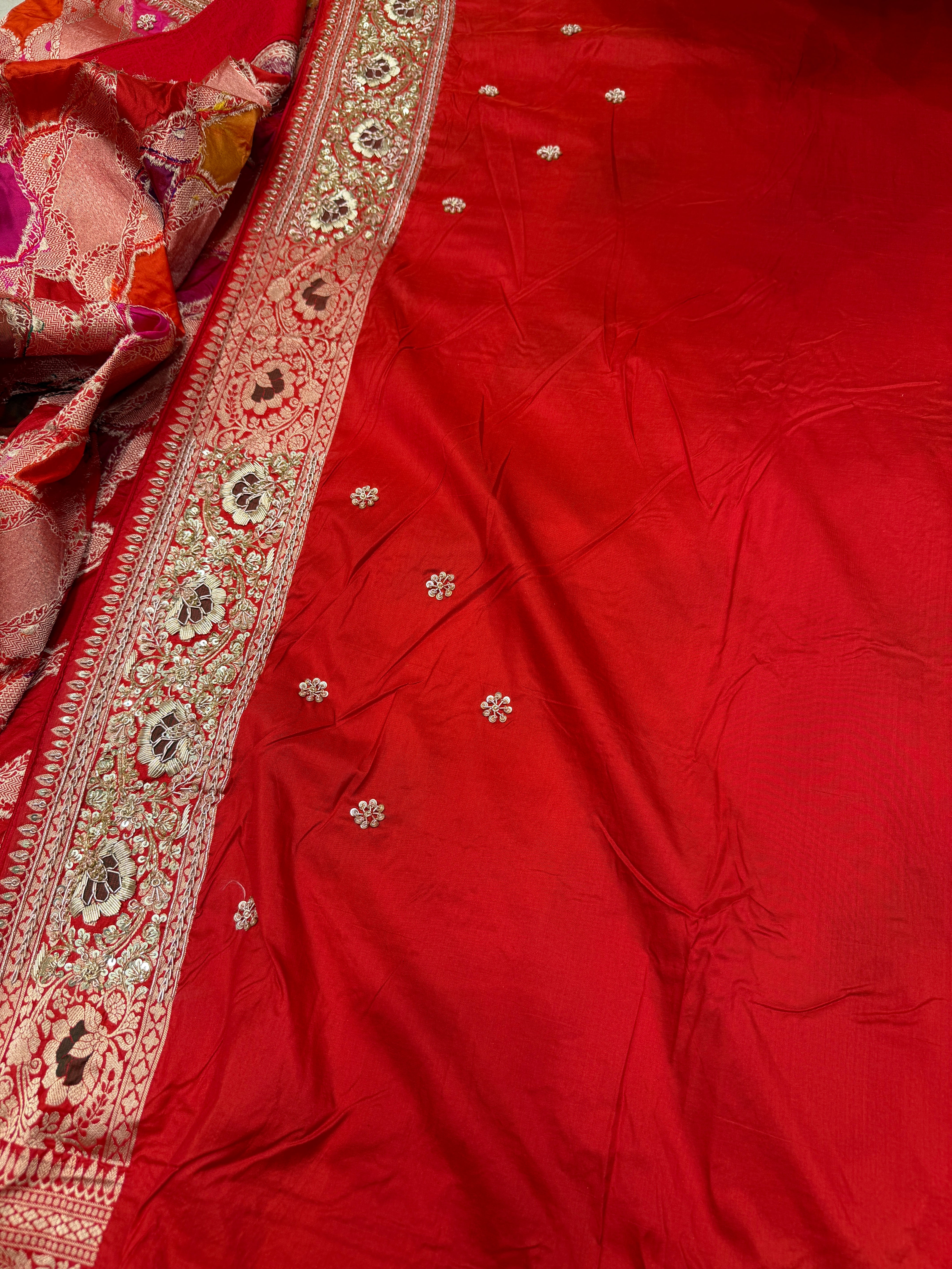 Red Handloom Banarasi Rangkat Zardosi Hand Embroidery Saree