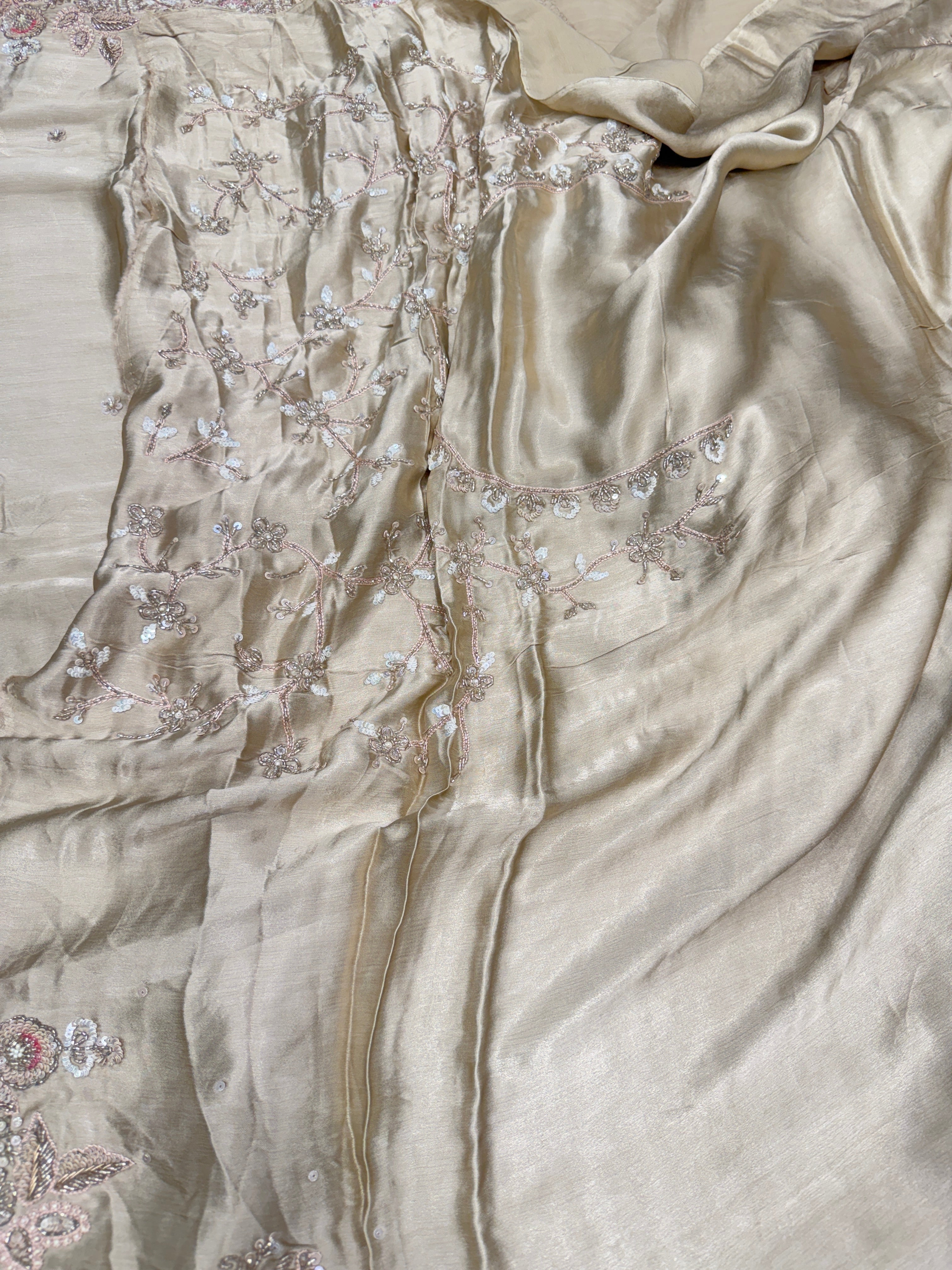 Champagne Satin Hand Embroidery Zardosi Saree