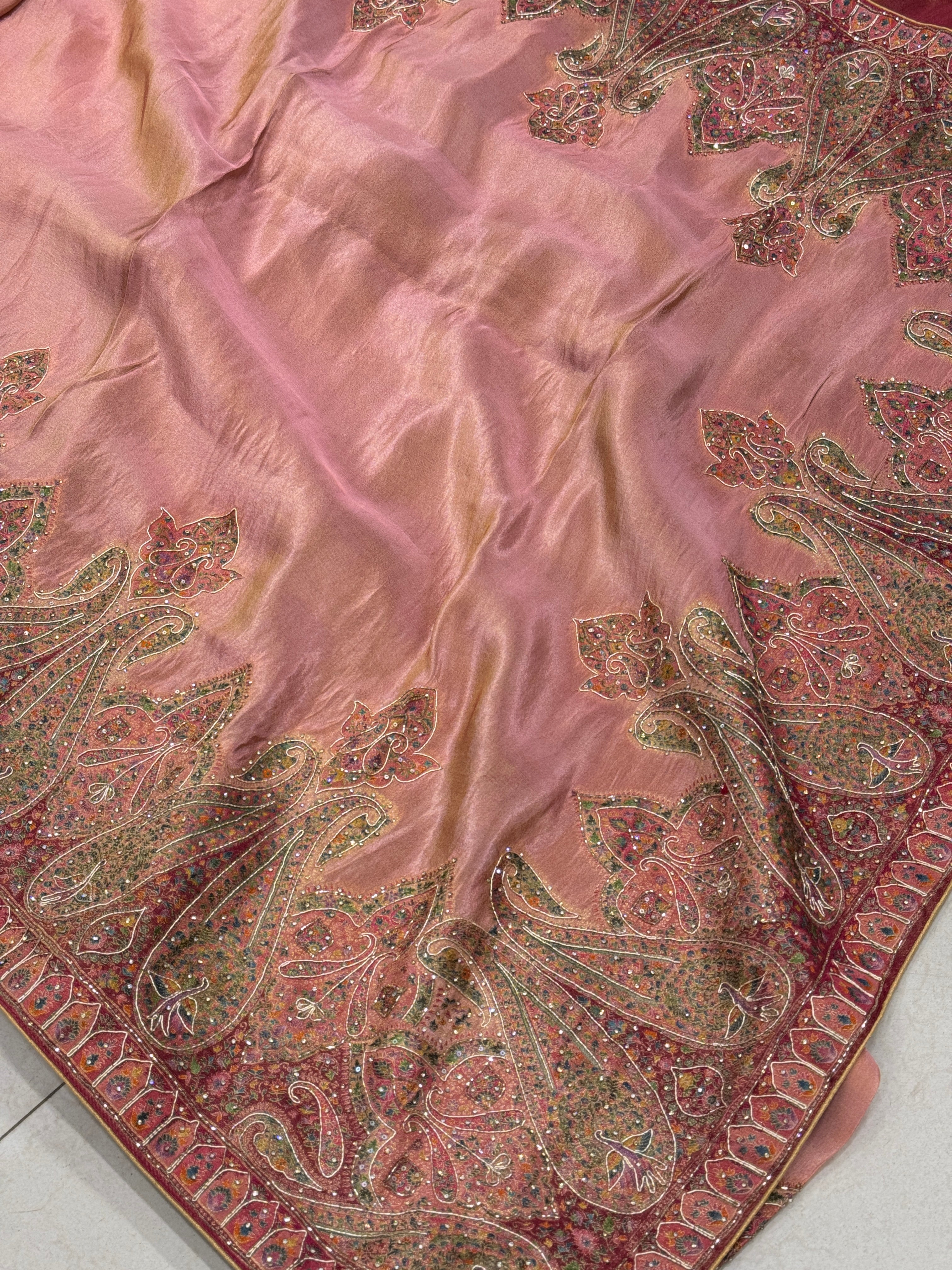 Pink Crepe Tissue Pashmina Style Embroidery Saree