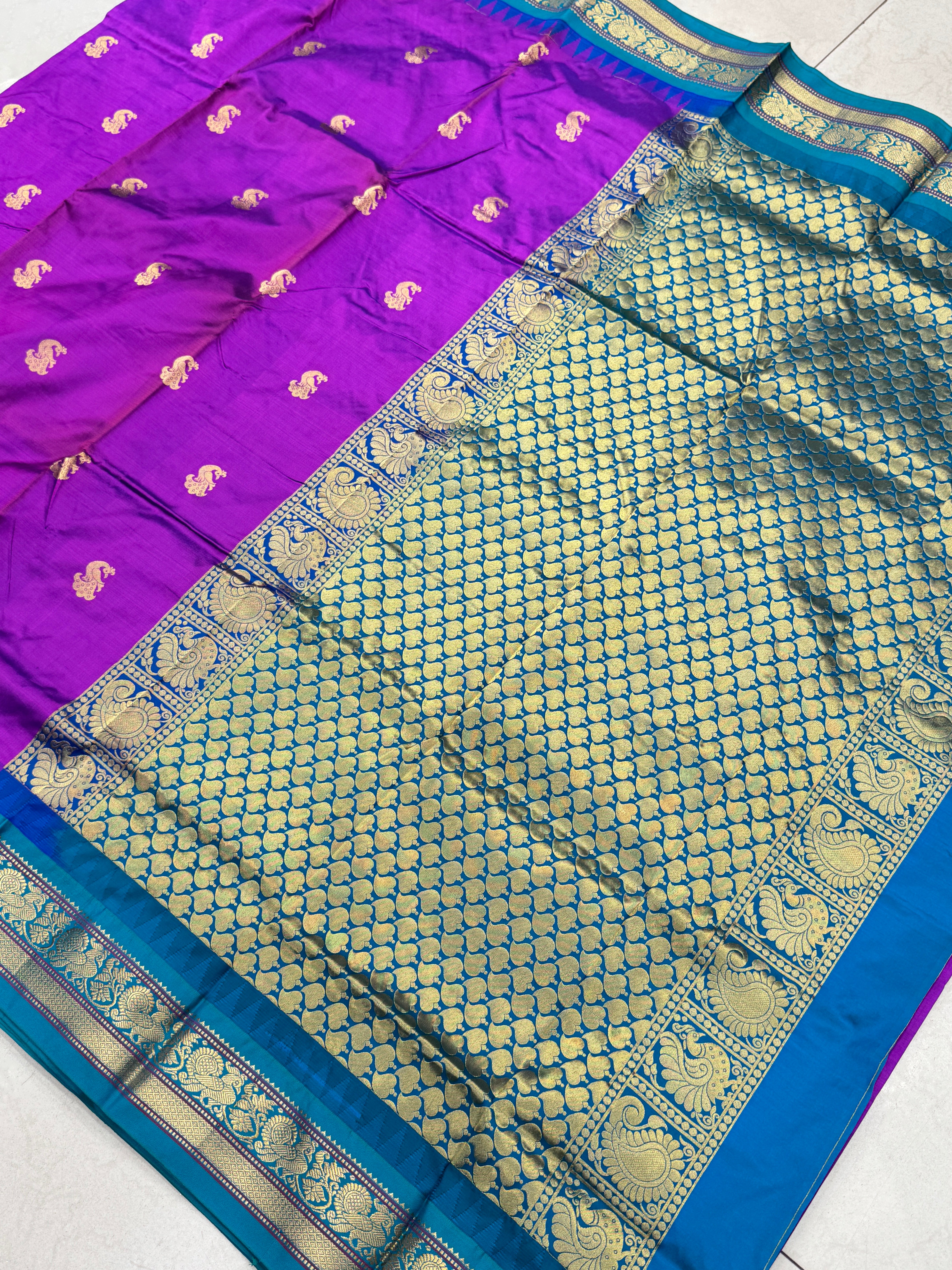 Violet Peacock Buttis Paithani Saree