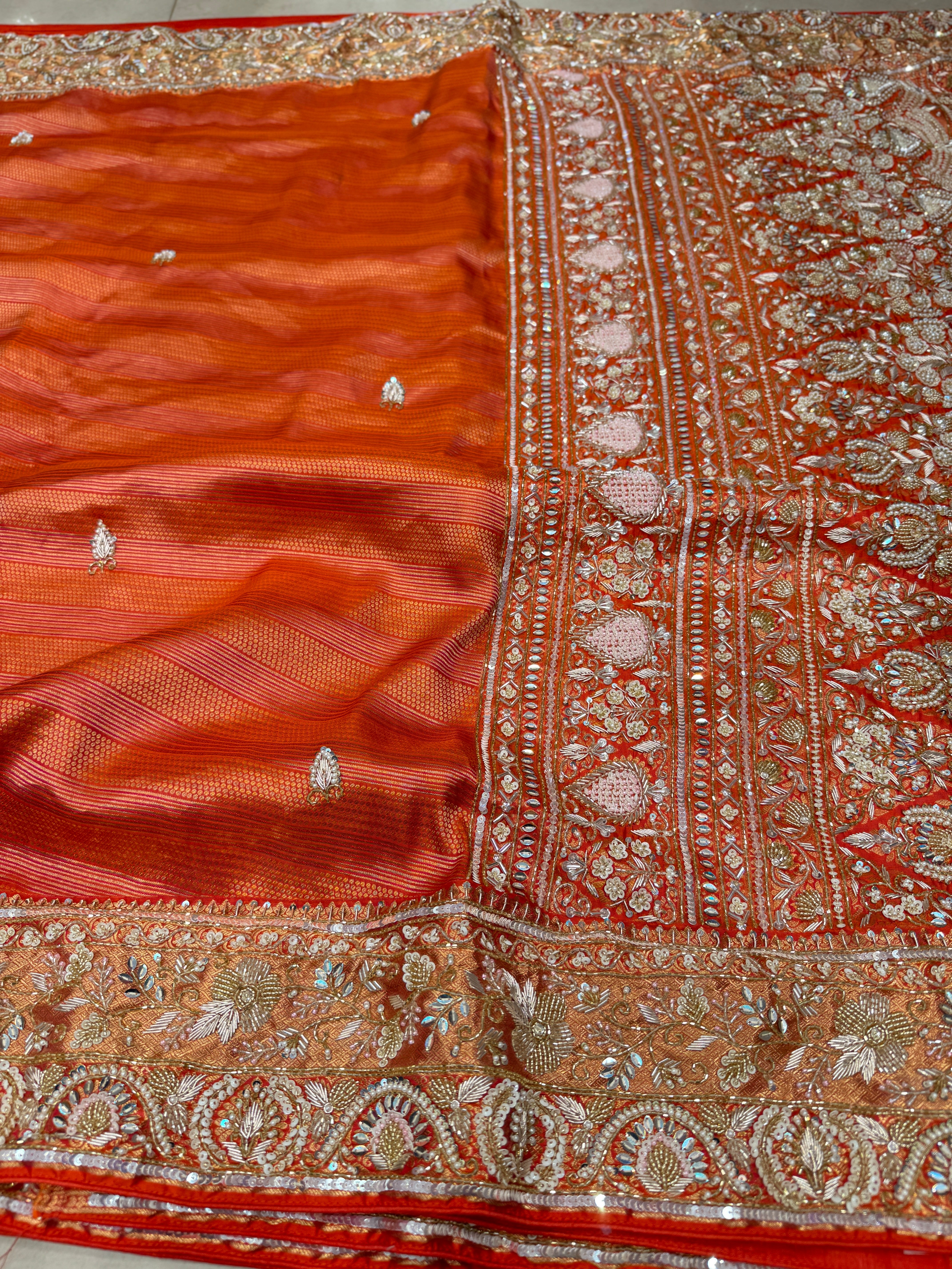 Orange Contemporary Pure Silk Kanjivaram Hand Embroidered Saree