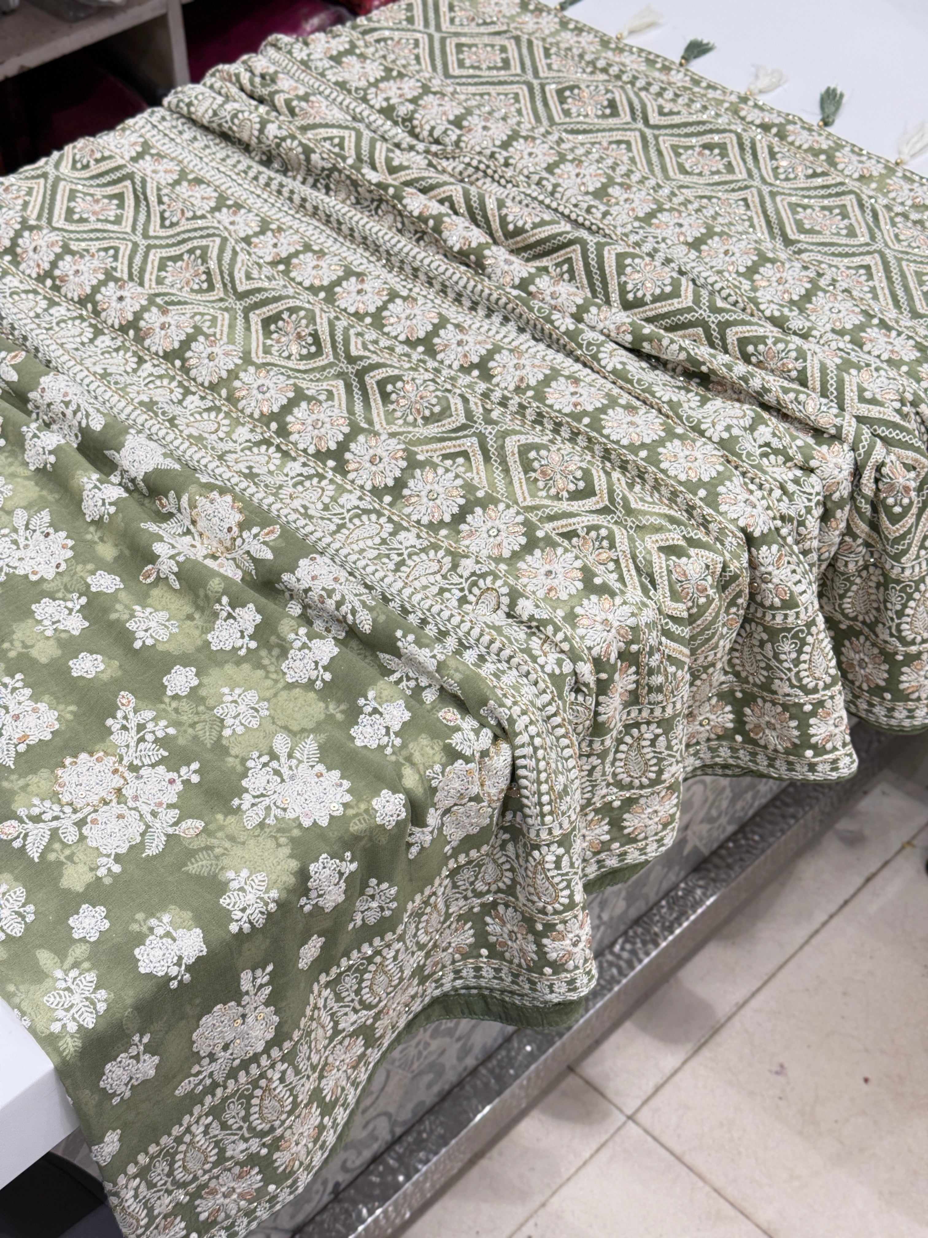 Green Butta Chikankari on Georgette with Cutdana Hand Embroidery