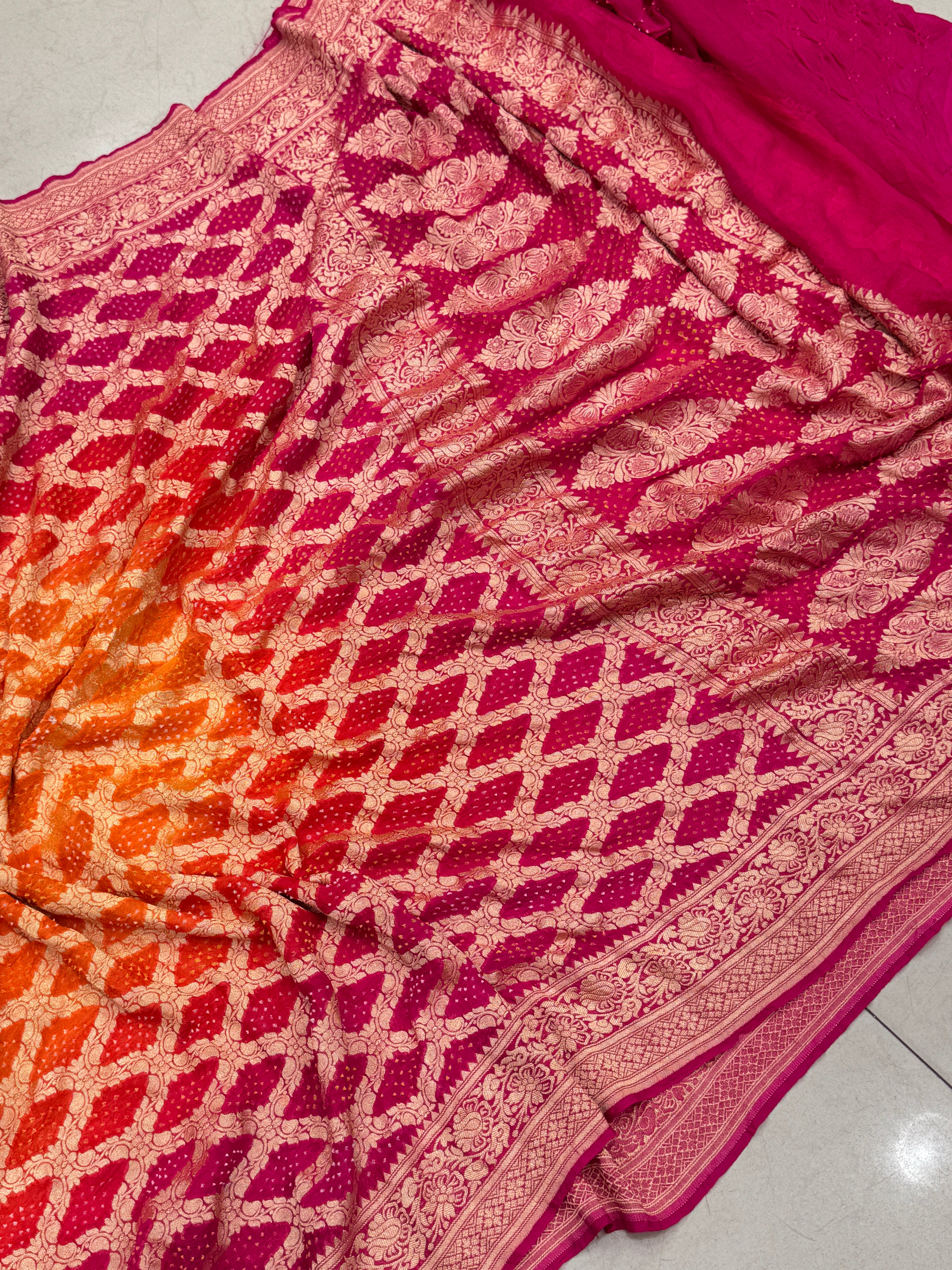 Shaded Orange Rani Bandhej Bandhini Saree