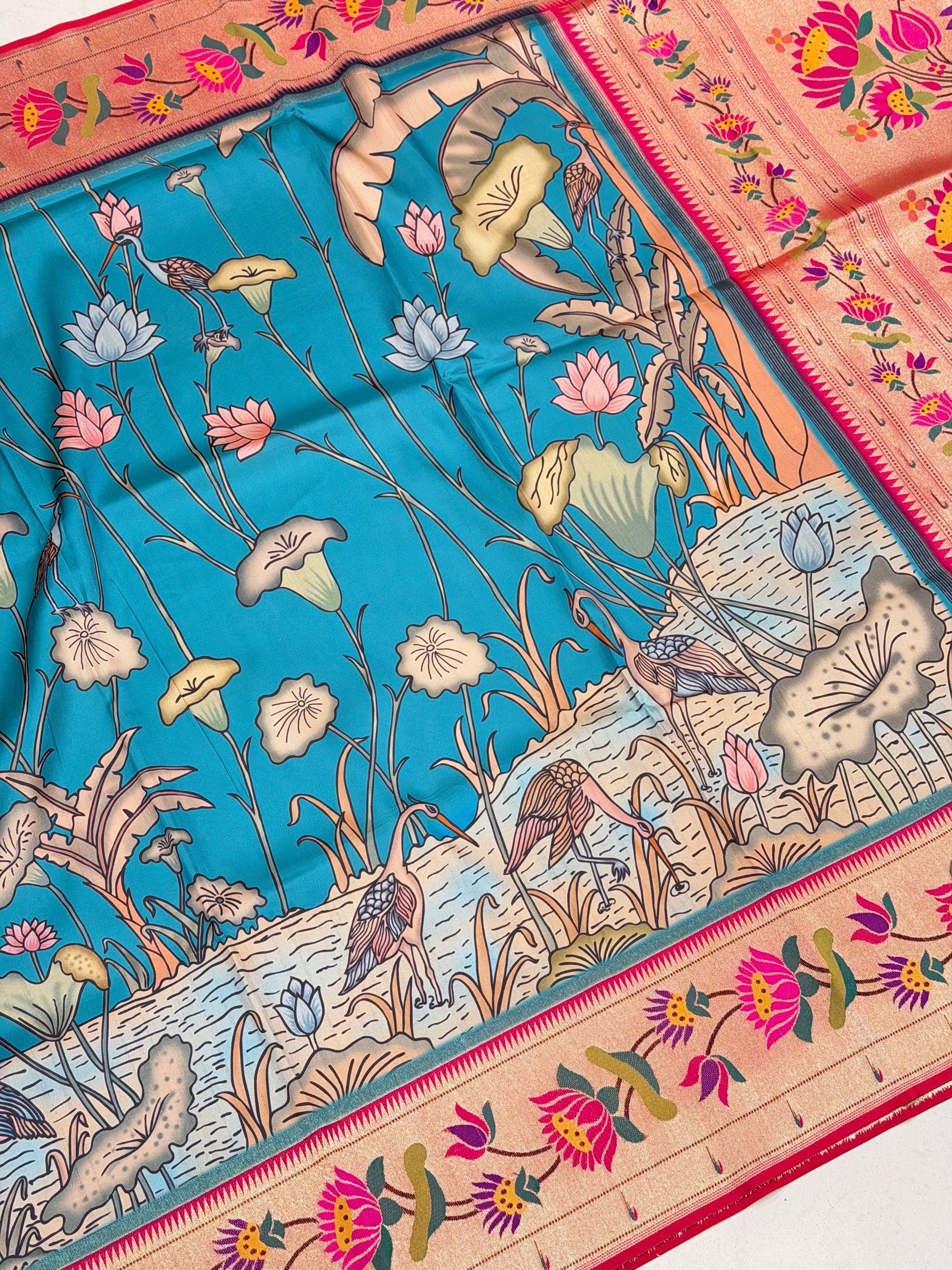 Blue Kalamkari Print Paithani Weaved Soft Silk Saree
