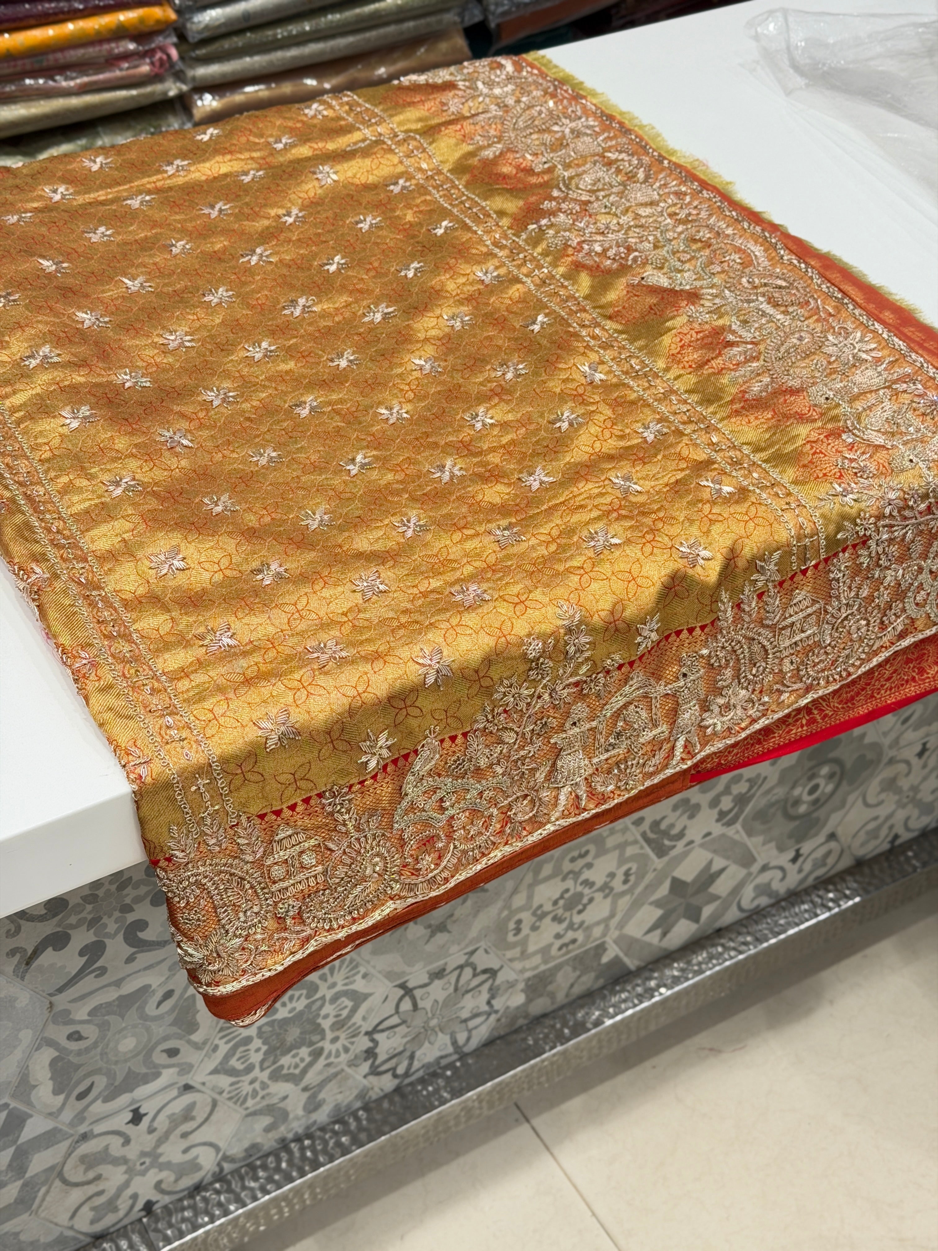 Red Tissue Kanjivaram Zardosi Doli Hand Embroidery Saree