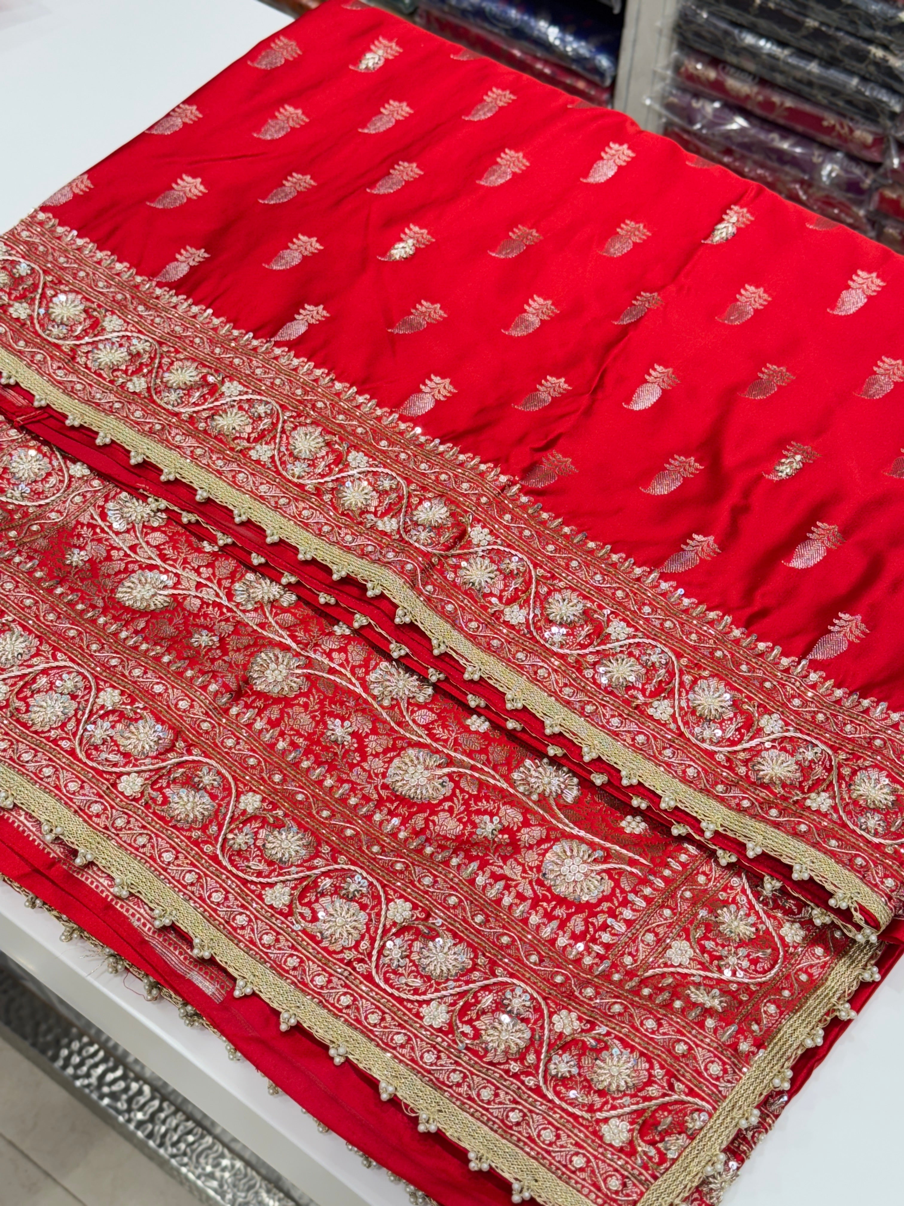 Red Banarasi Japanese Butti Zardosi Hand Embroidery Saree