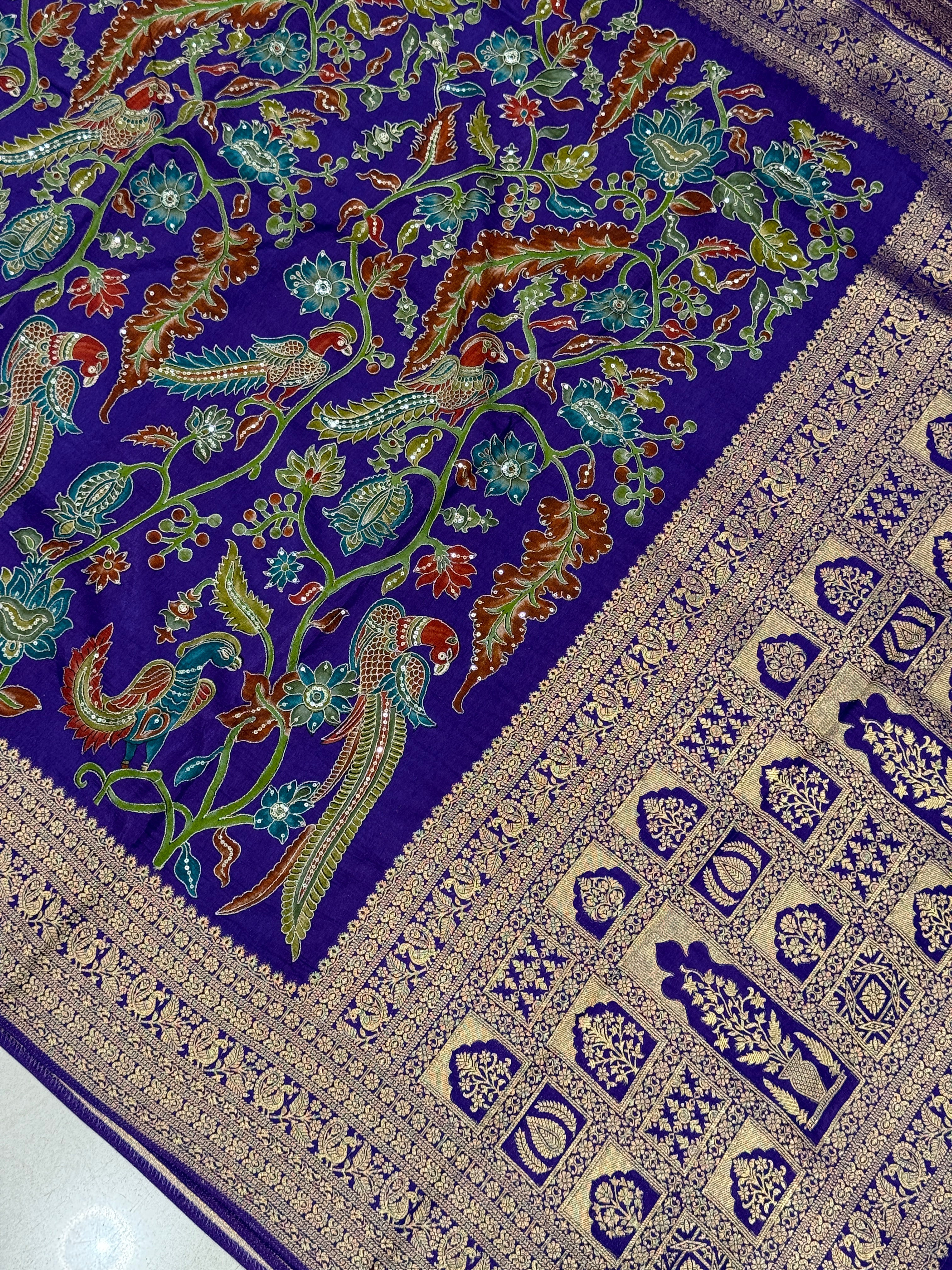 Violet Kalamkari Weave Banarasi Munga Pita Embroidery Saree