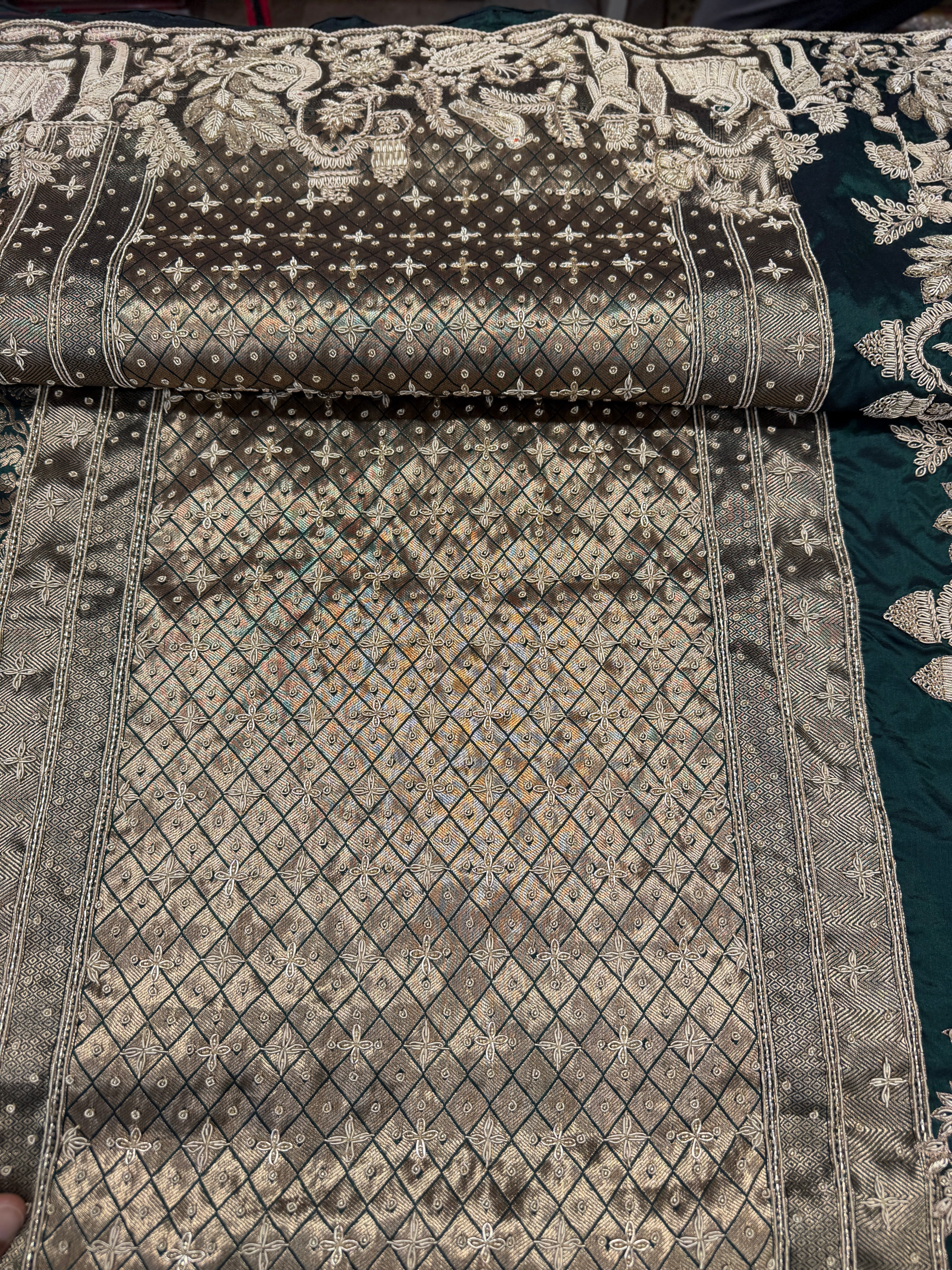 Bottle Green Handloom Banarasi Pure Katan Doli Zardosi Embroidery Saree