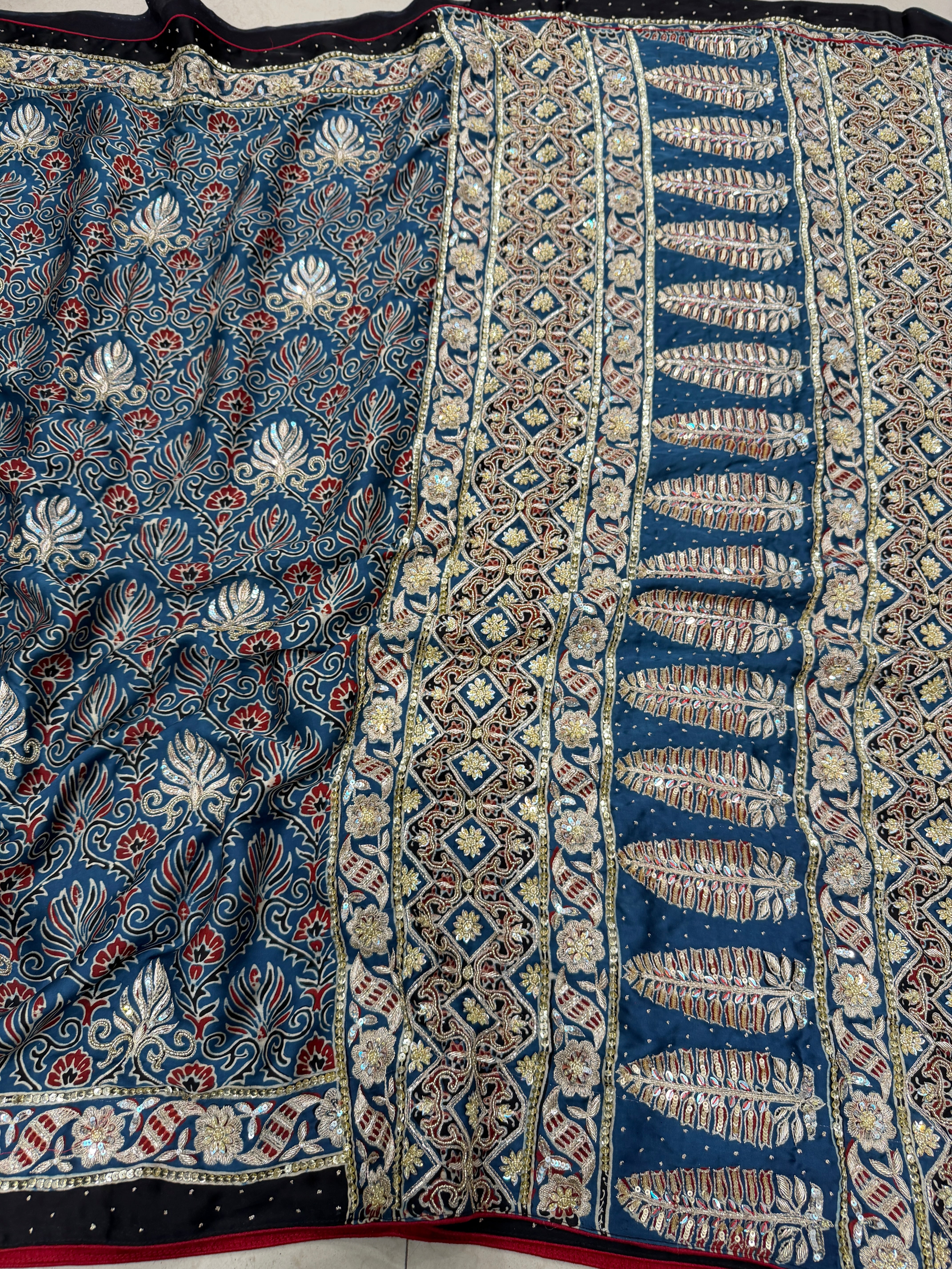 Blue Floral Butta Pita Sequin Ajrakh Hand Embroidery Saree