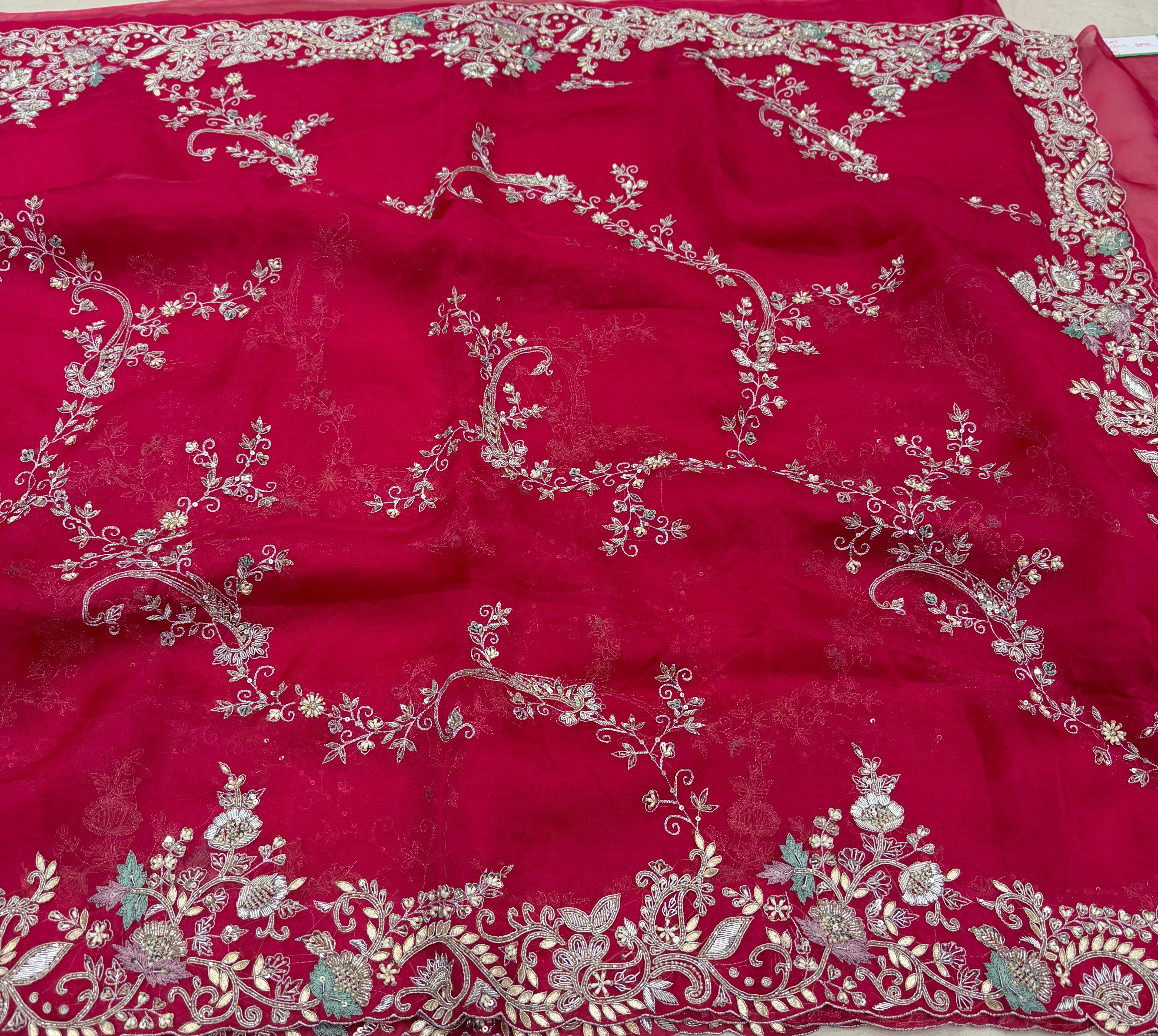Rani Pink Organza Open Border Zardosi Hand Embroidery Saree