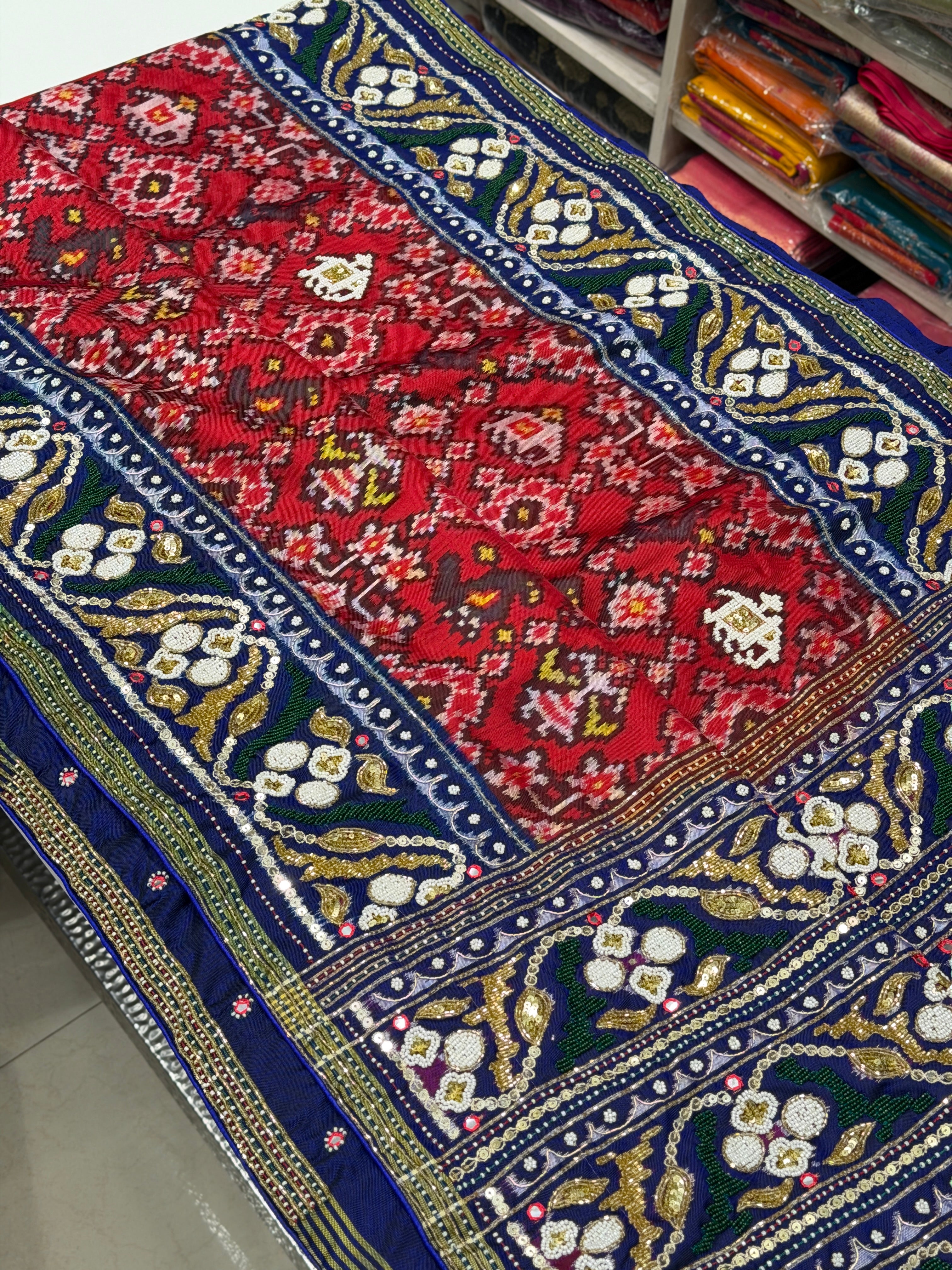 Red Blue Patan Patola Hand Embroidery Kidiya Moti Zardosi Saree