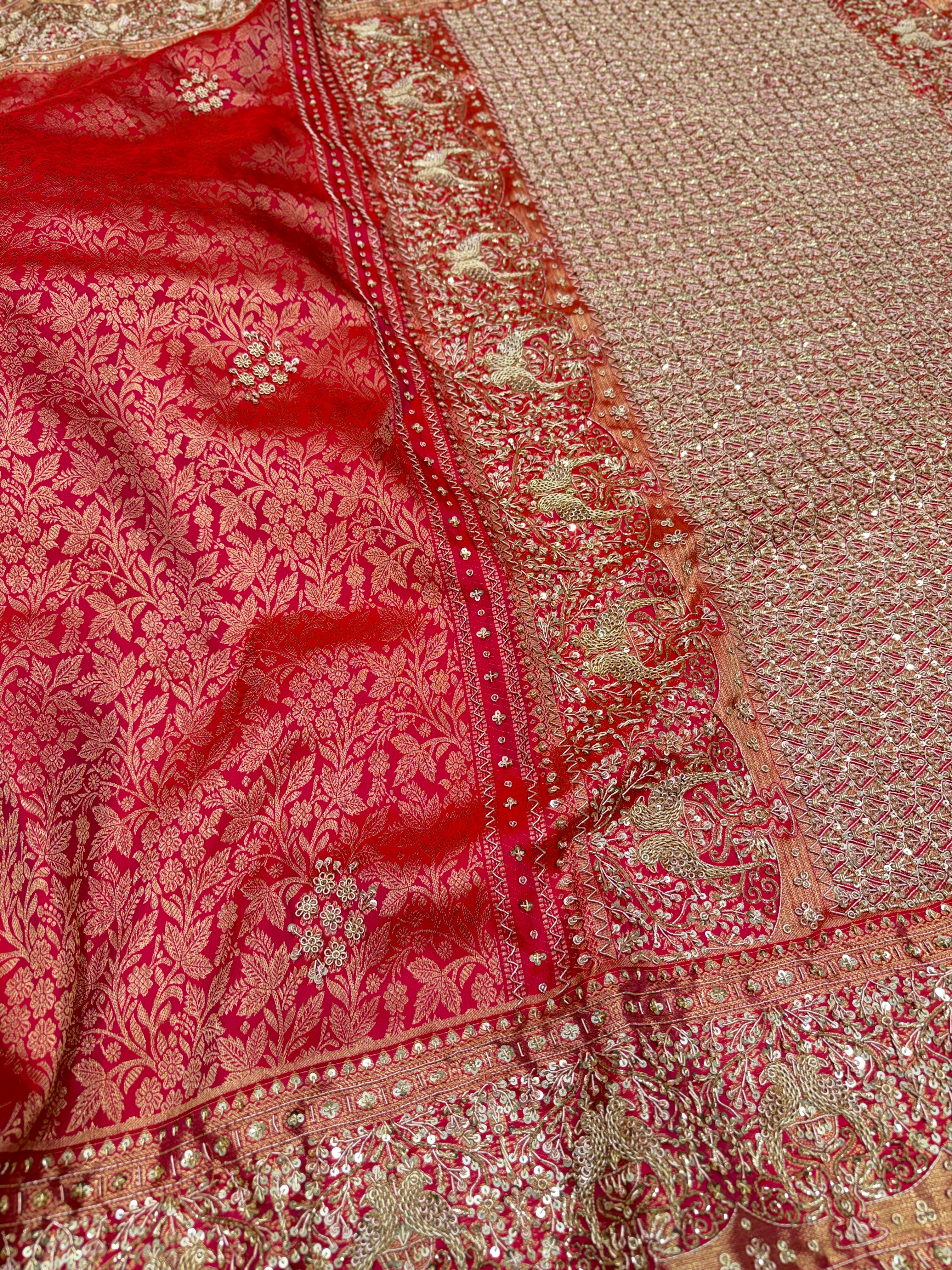 Crimson Kanjivaram Peacock Motifs Zardosi Hand Embroidery Jaal Saree