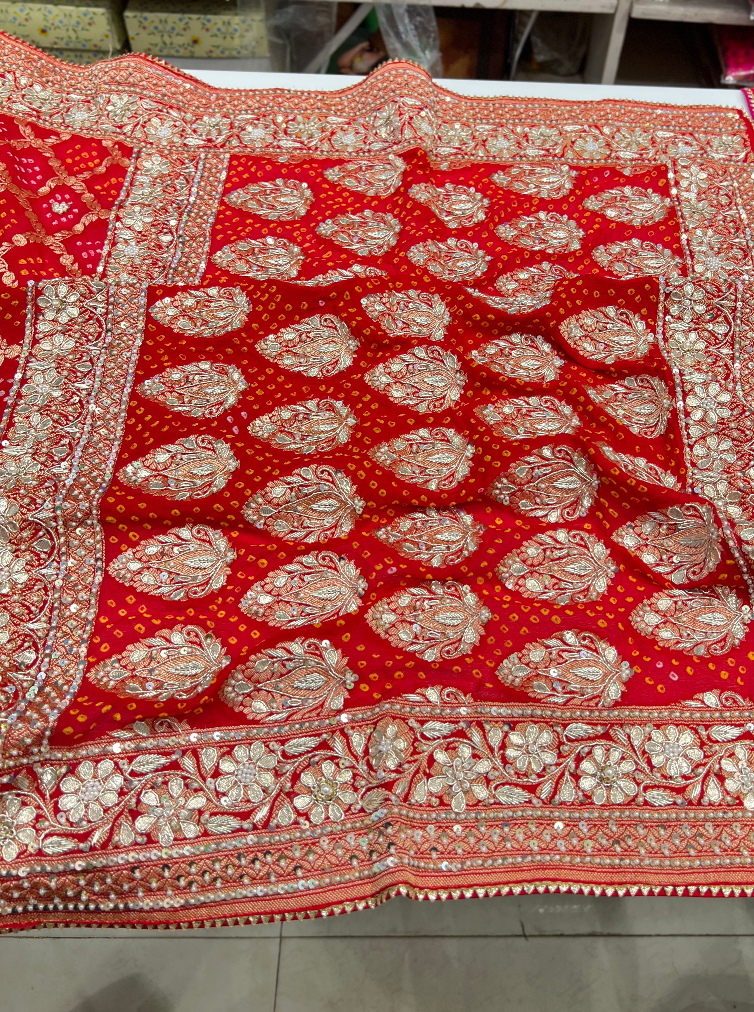 Red Criss Cross Bandhej Hand Embroidery Saree