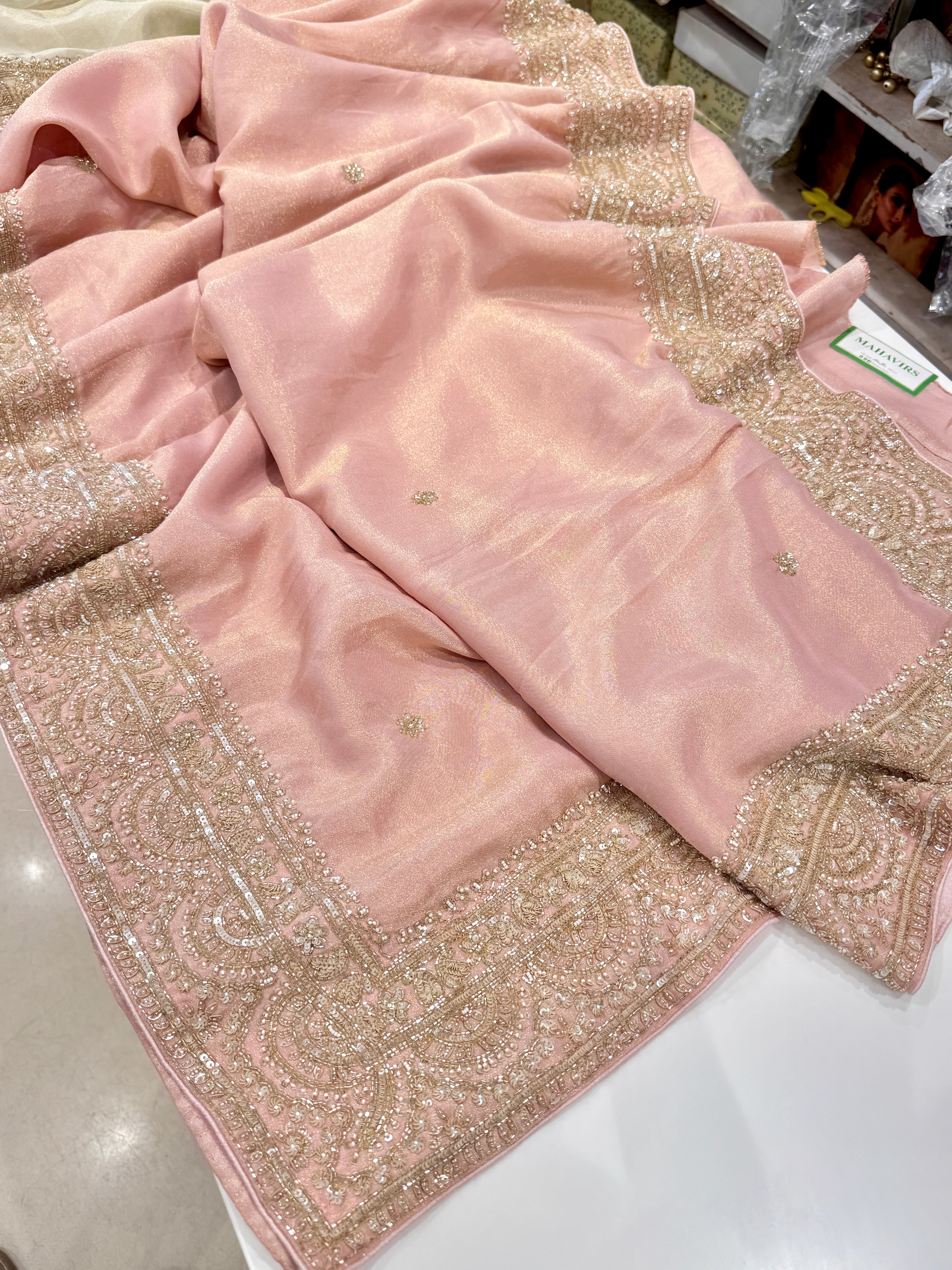 Pink Kareena Kapoor Inspired Crepe Tissue Embroidery Saree