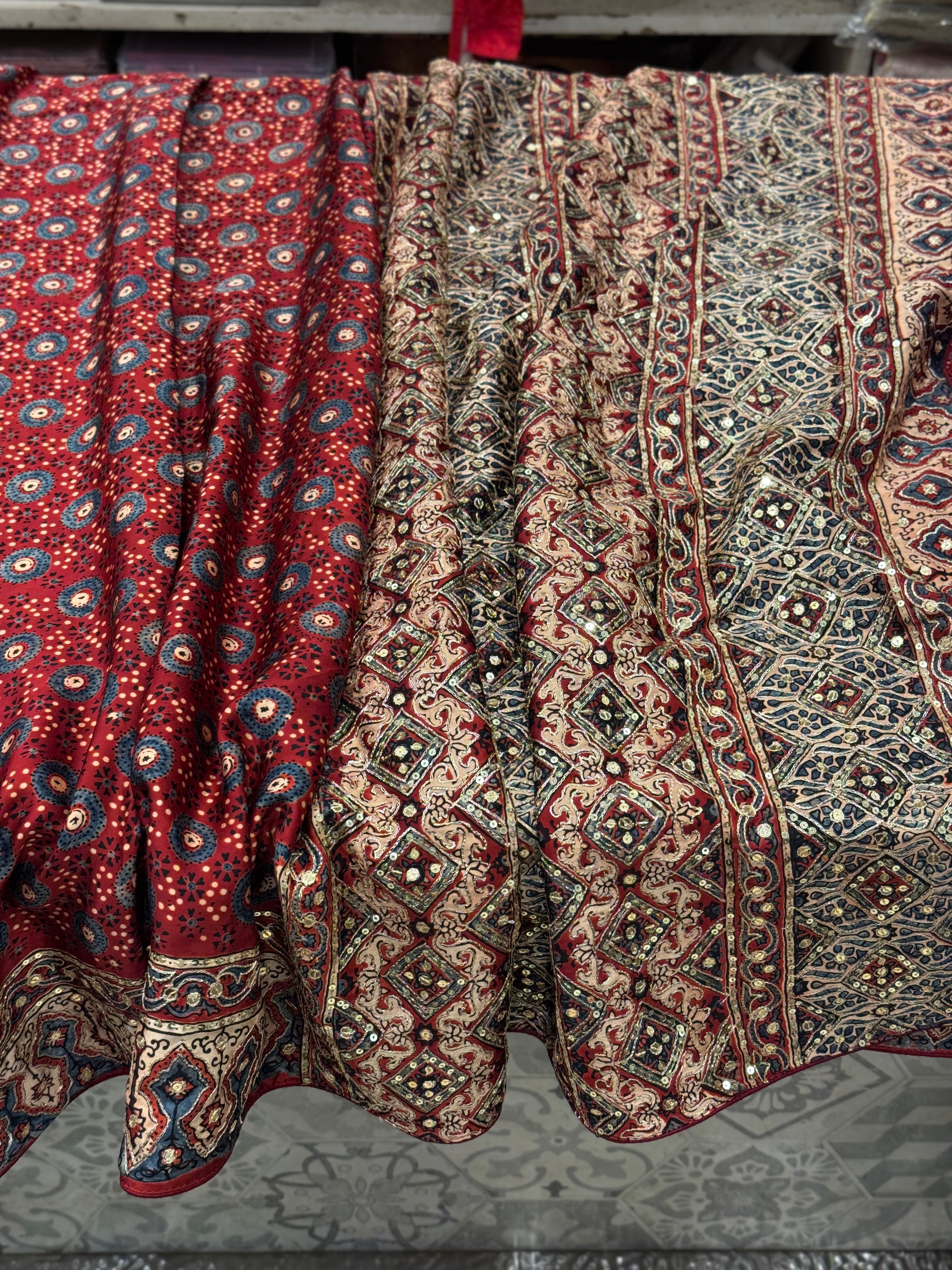 Red Blue Buttis Pita Zardosi Sequin Ajrakh Hand Embroidery Saree