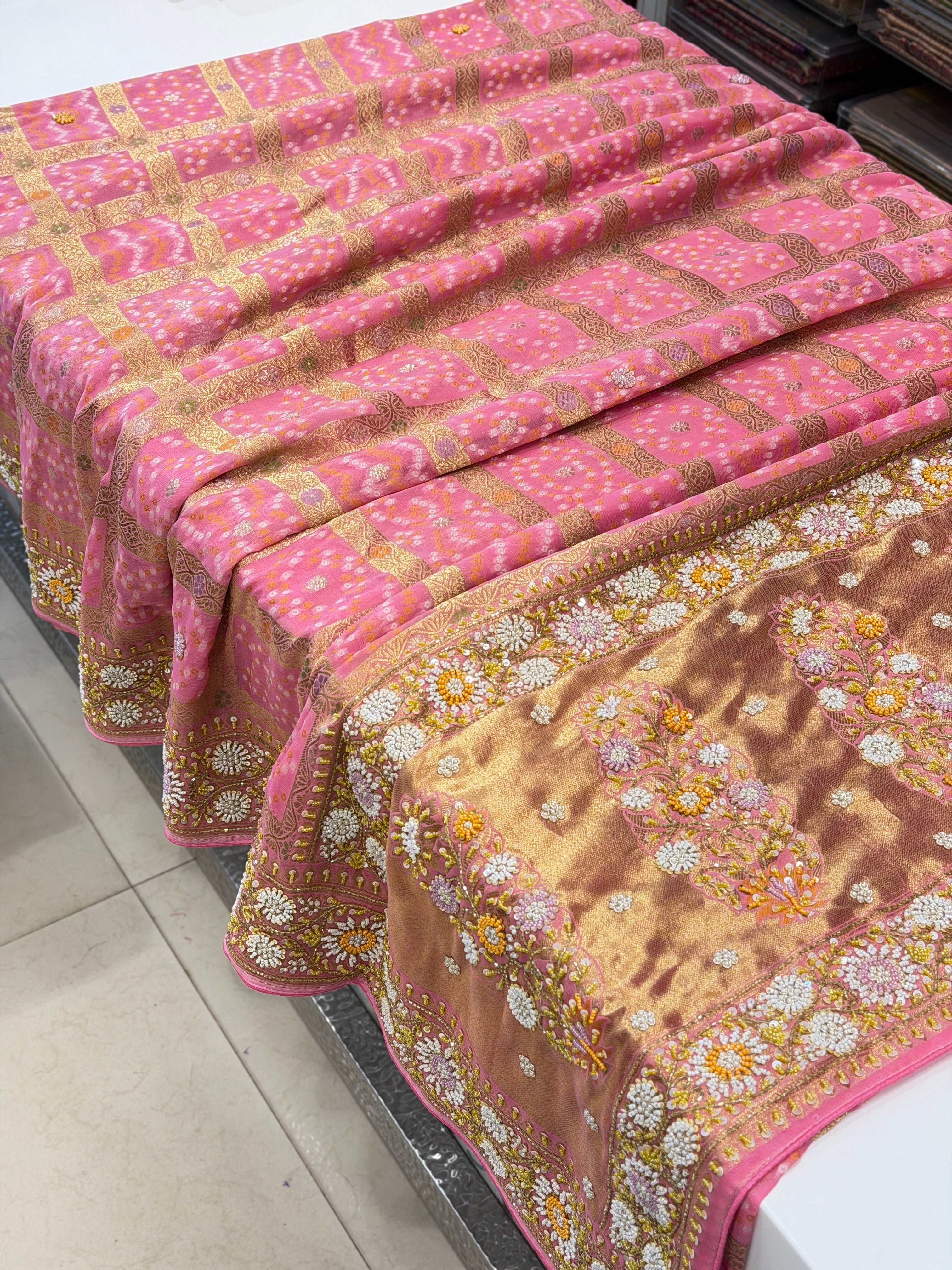 Pink Gharchola without Figures Moti Sequin Zardosi Hand Embroidery Georgette Saree