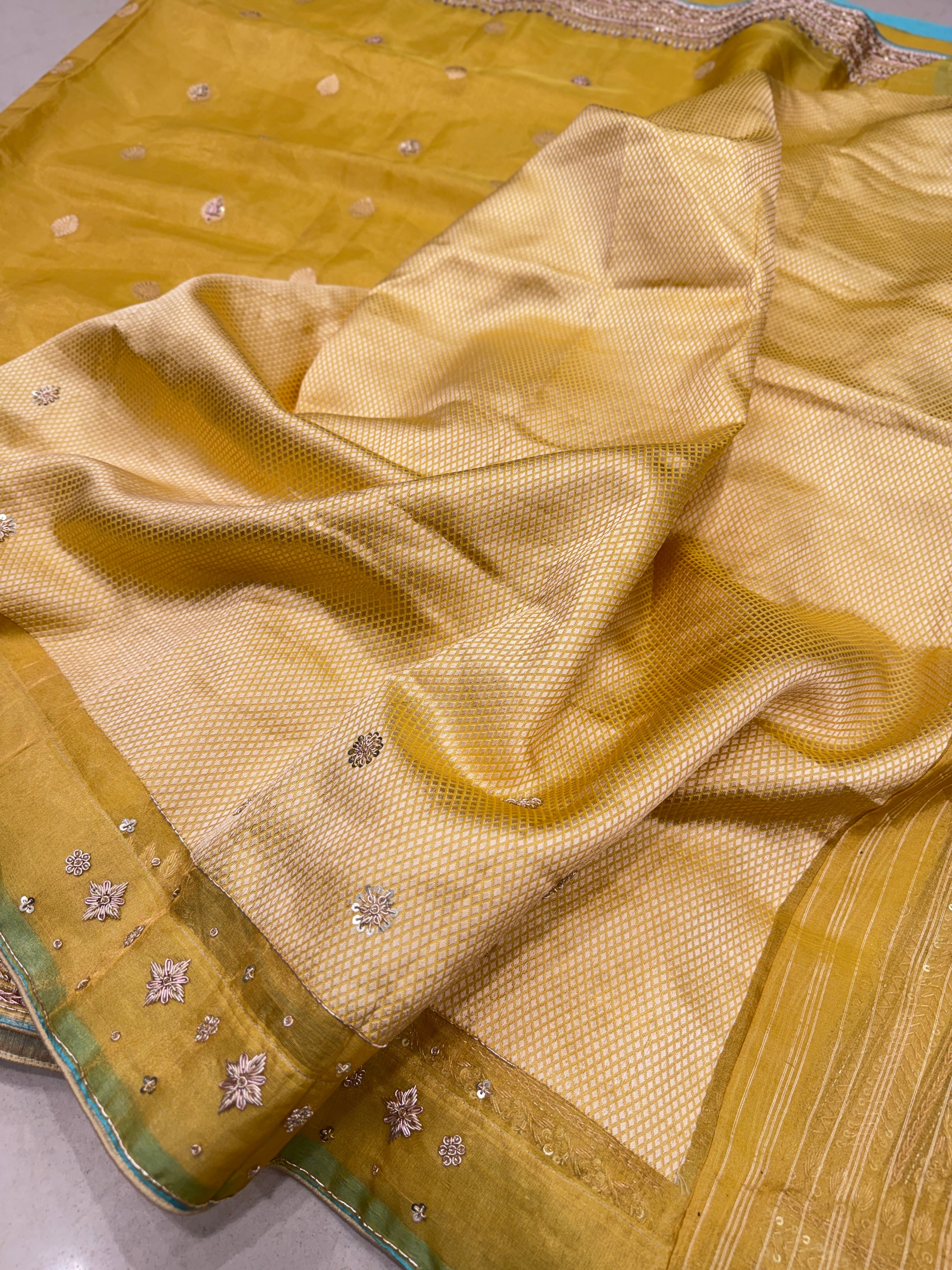 Yellow Banarasi Tissue Handloom Kadwa Weave Zardosi Embroidery Saree