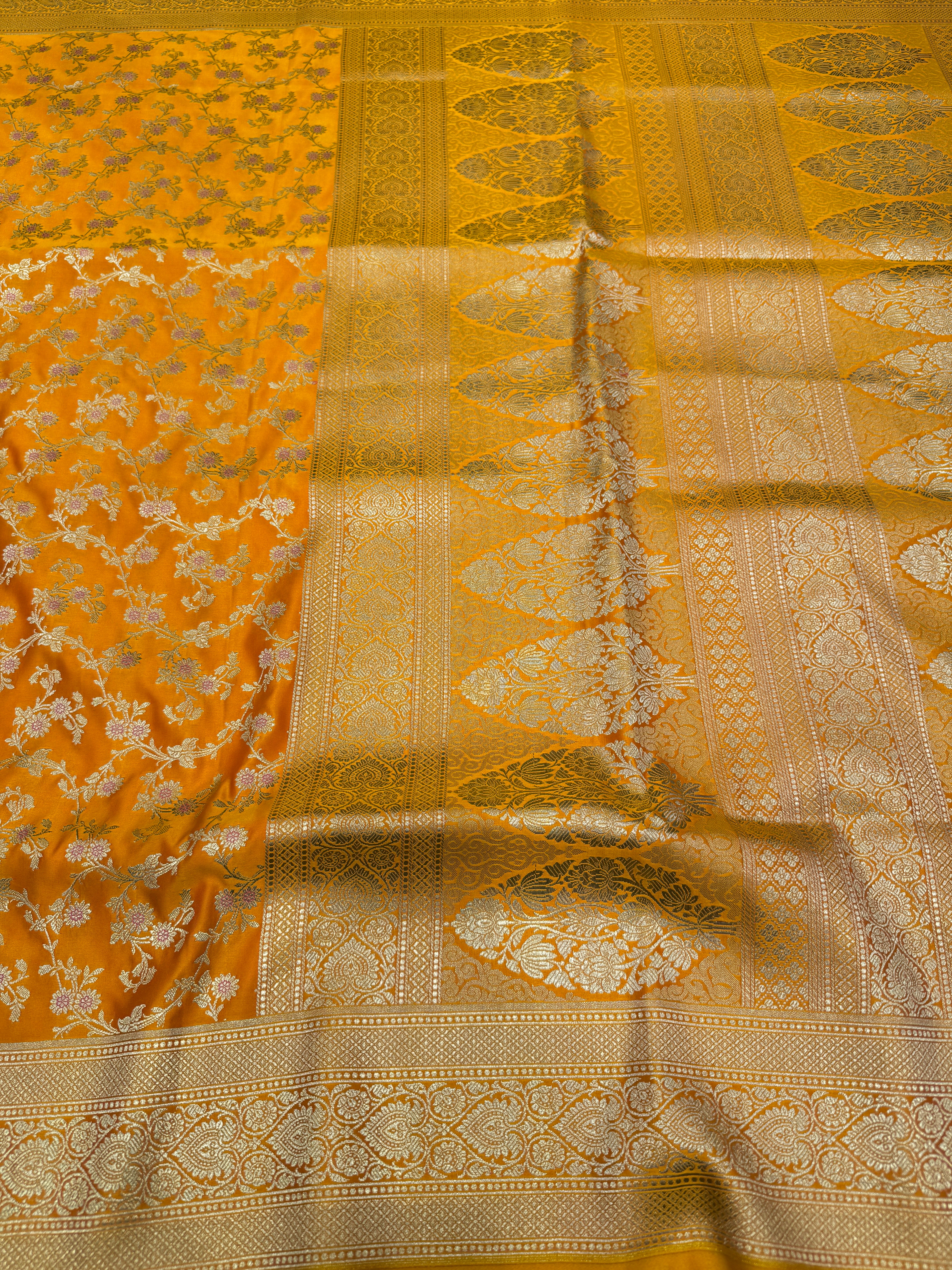 Mango Yellow Banarasi Silk Heart Border Saree