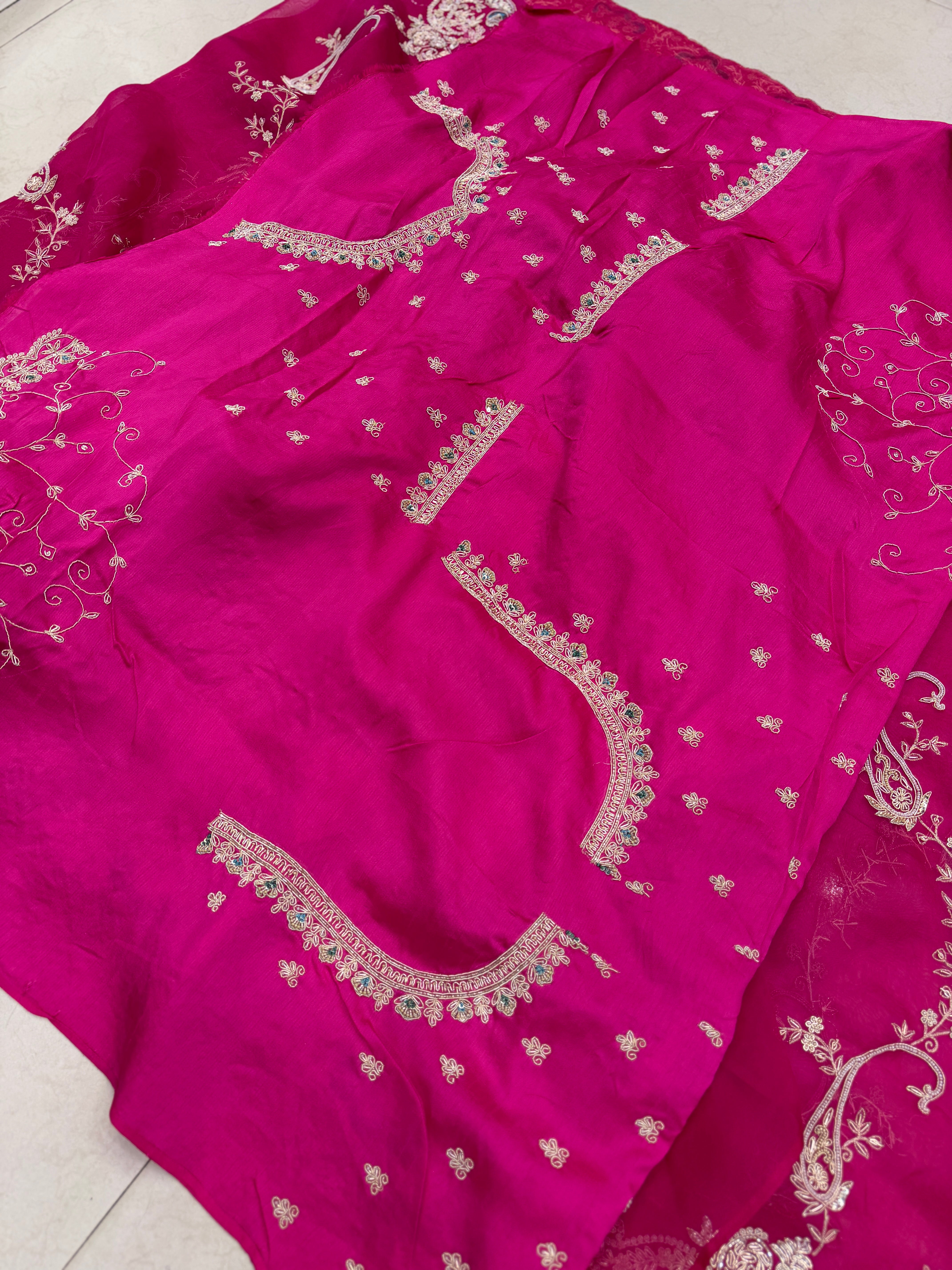 Rani Pink Organza Zardodi Phoneix Jaal Hand Embroidery Saree