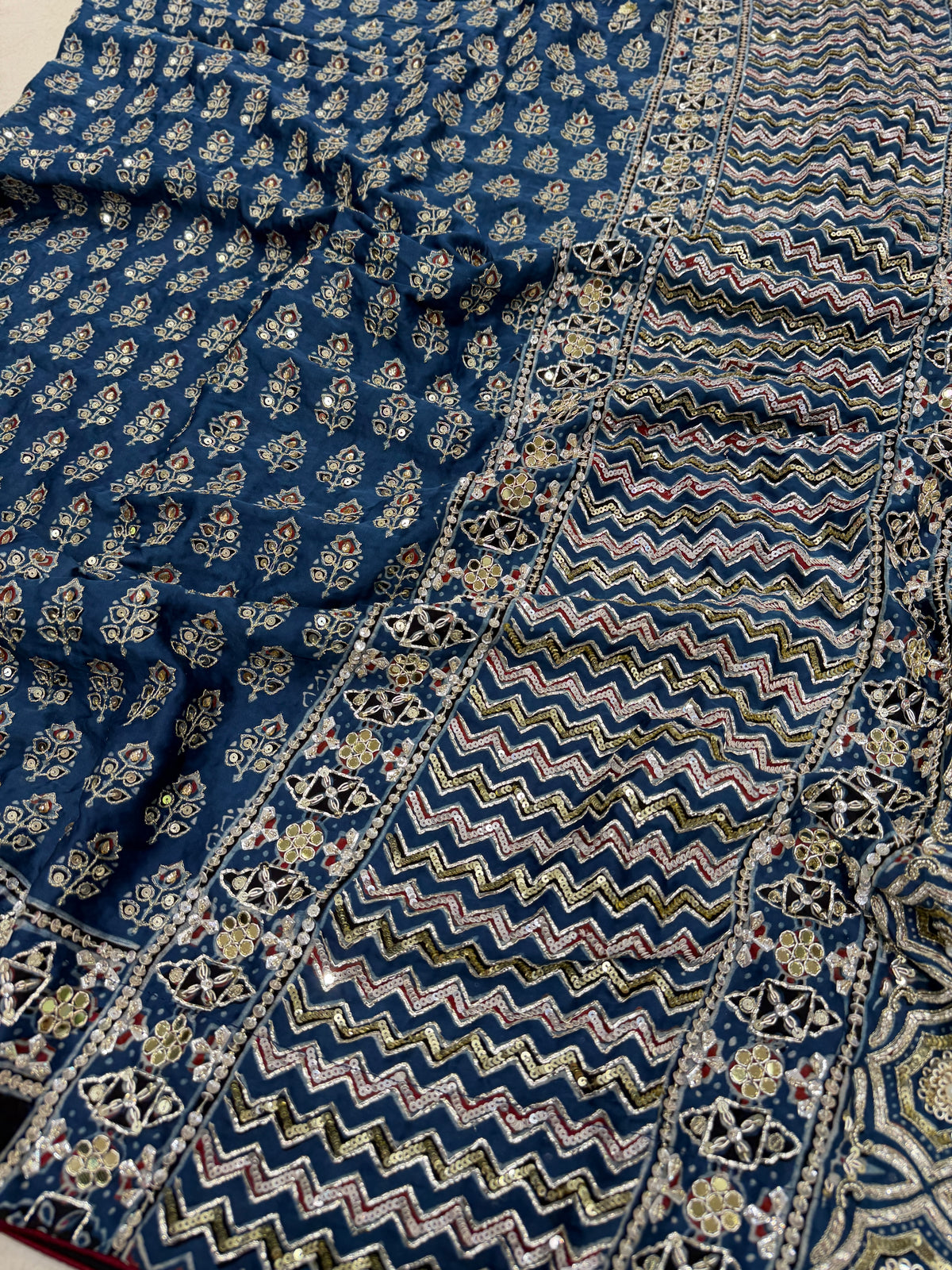 Blue Keri Butti Pita Sequin Ajrakh Hand Embroidery Saree