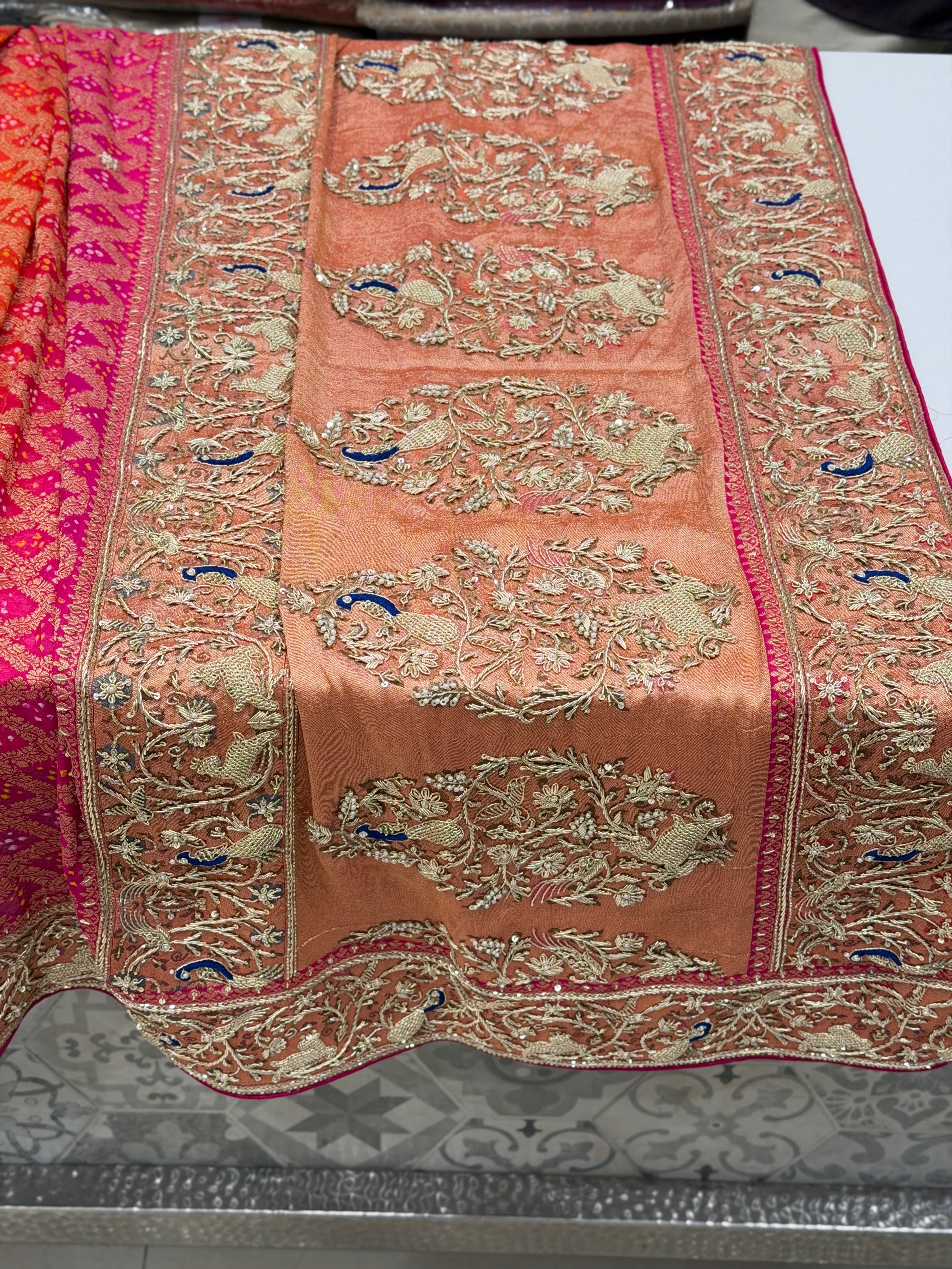 Orange Rani Shaded Meenakari Peacock Zardosi Hand Embroidery Saree