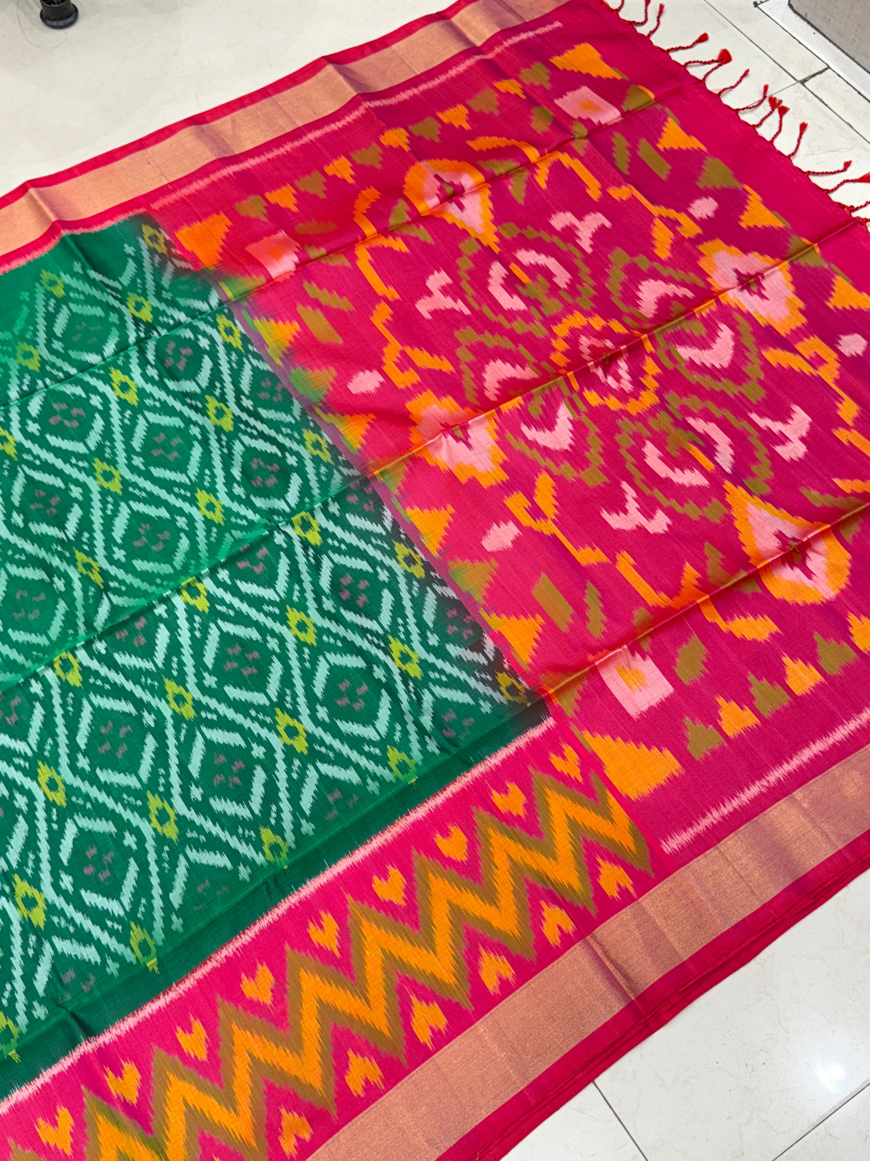 Bottle Green Rani Pochampally Ikat Patola Saree