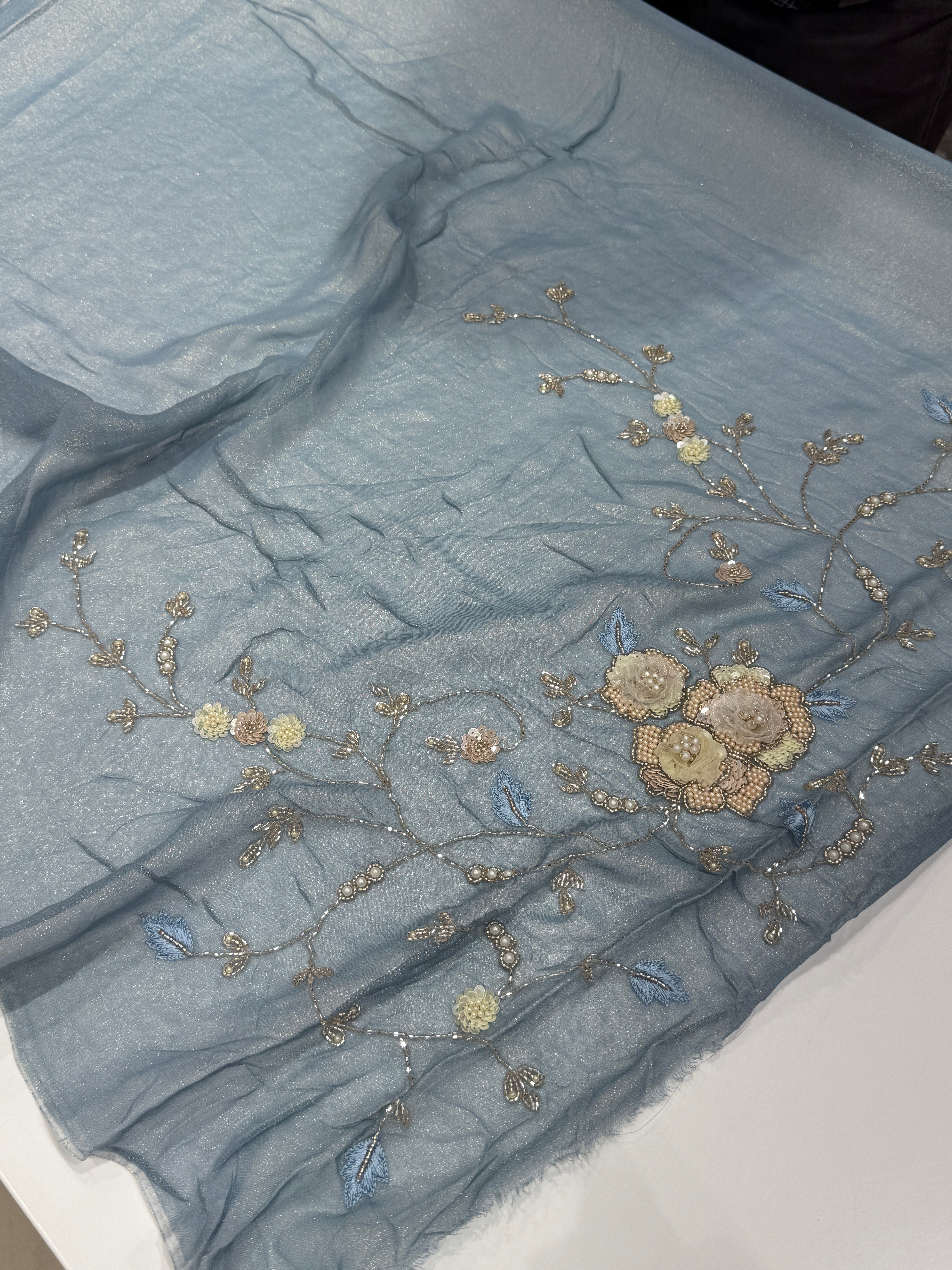 Powder Blue Tissue Chiffon Hand Embroidery Saree