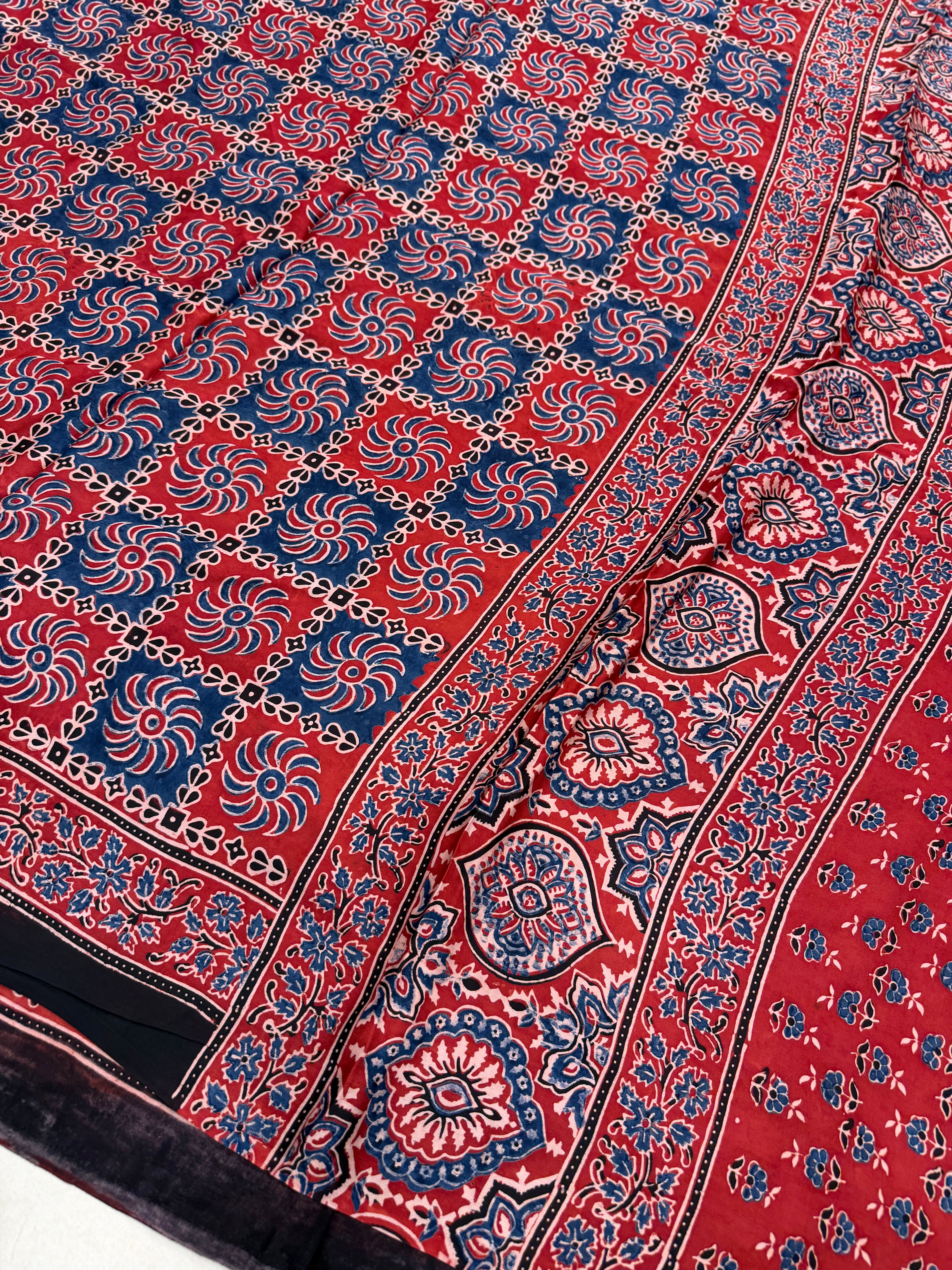 Red Checkered Ajrakh Hand Block Print Pure Gajji Silk Saree