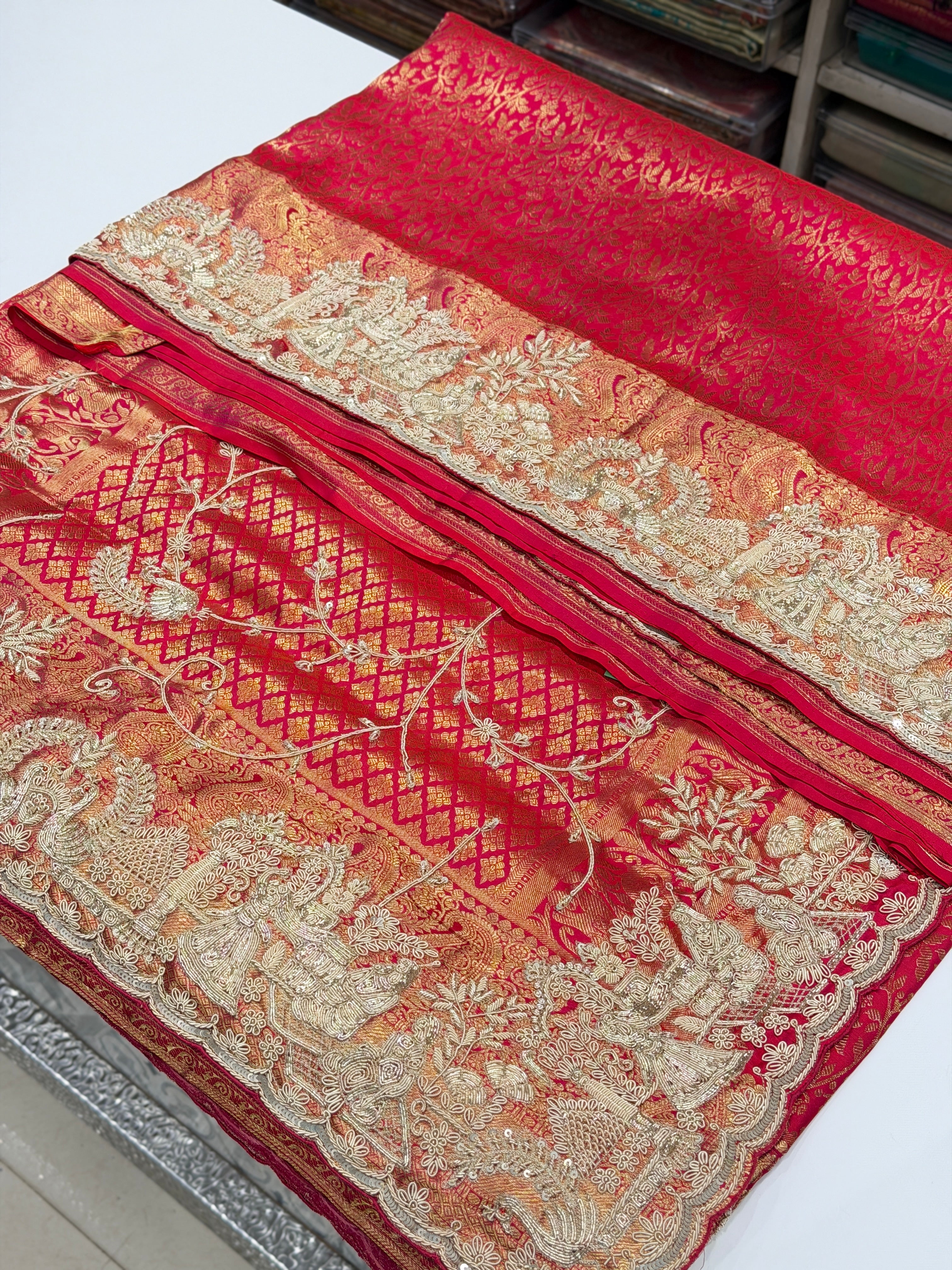 Rani Pink Pure Kanjivaram Doli Edit Hand Embroidery Zardosi Saree