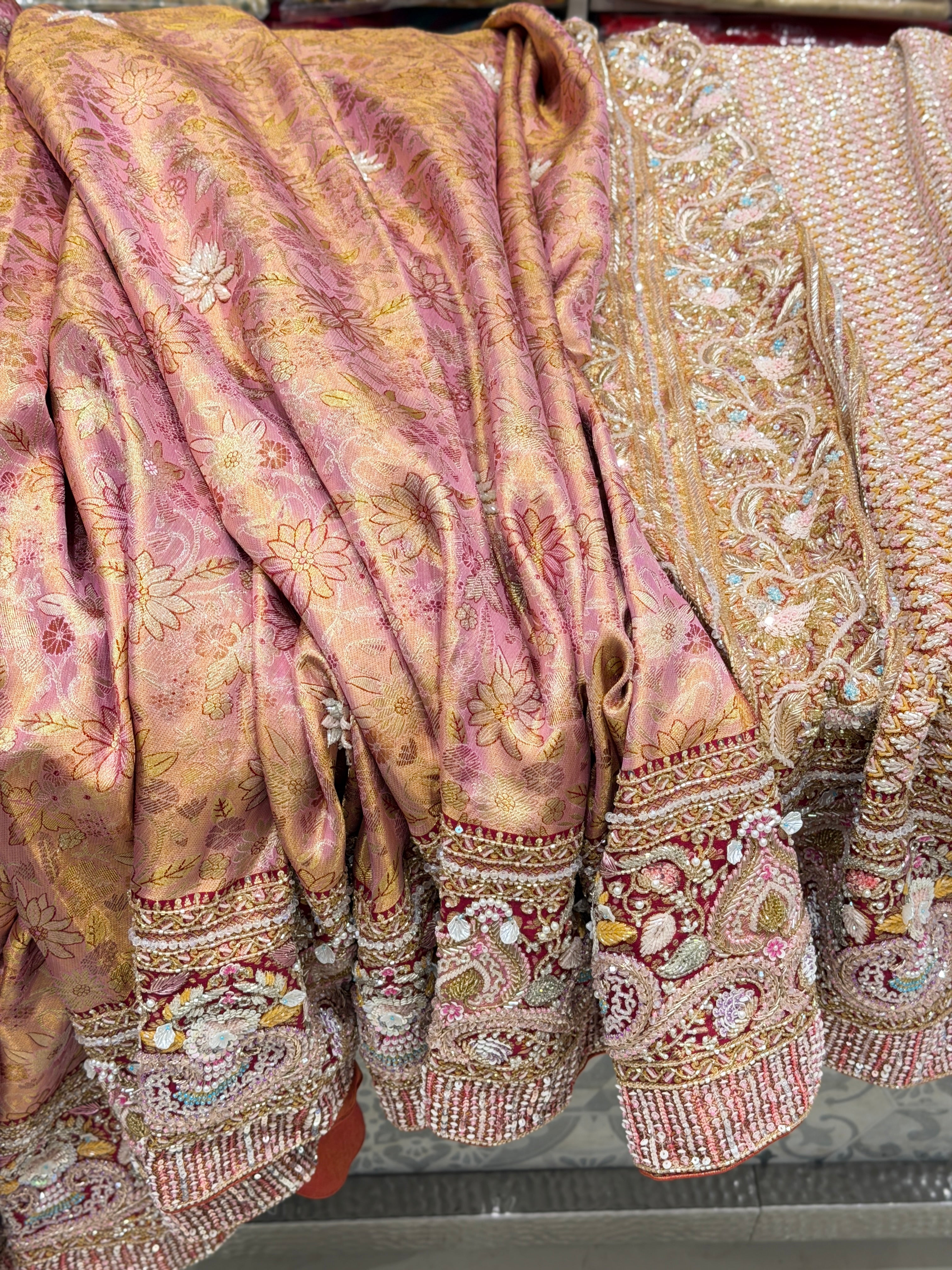Pink Meenakari Tissue Kanjivaram Moti Zardosi Hand Embroidery Saree
