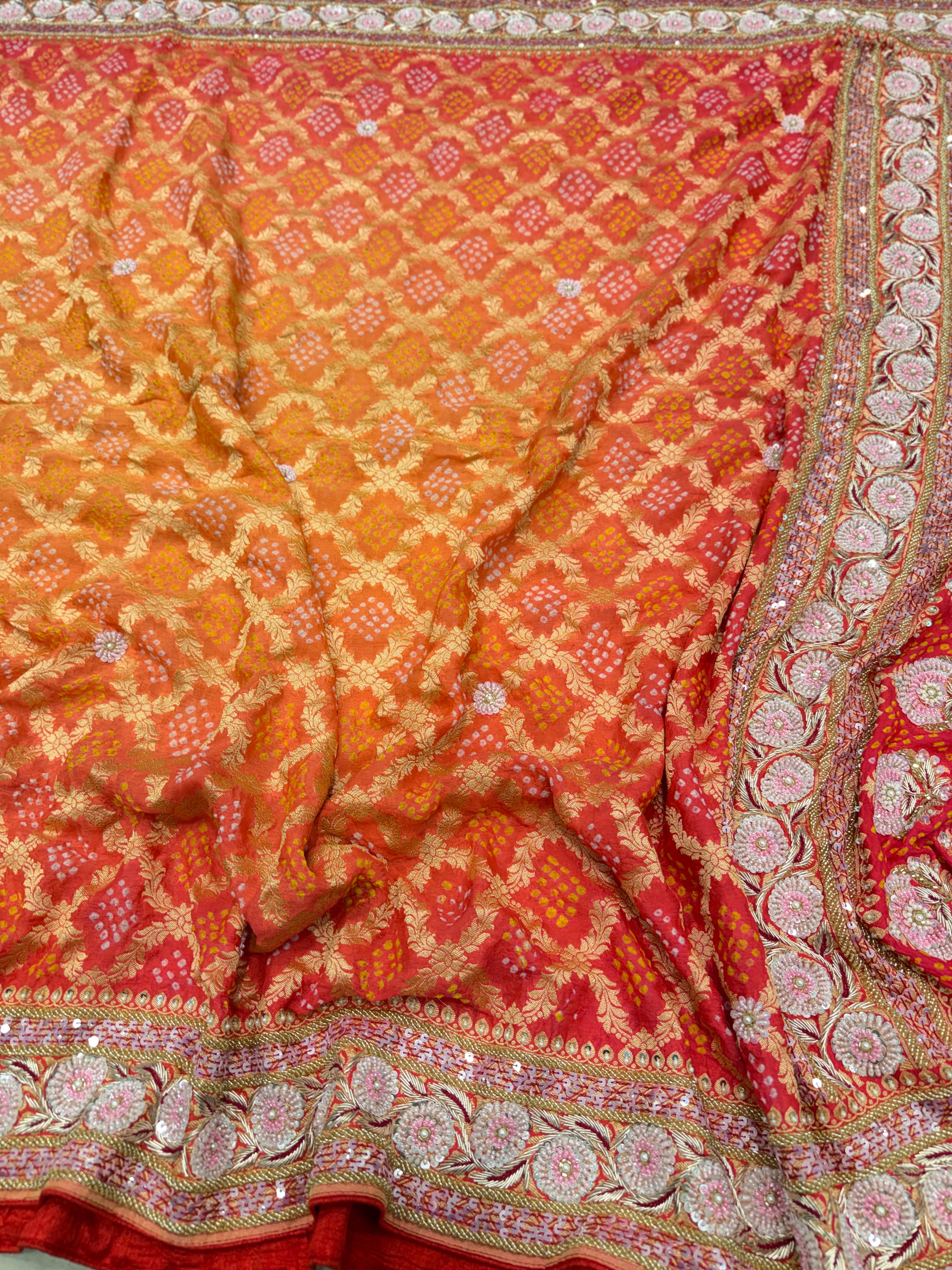 Shaded Peach Orange Bandhej Hand Embroidery Saree