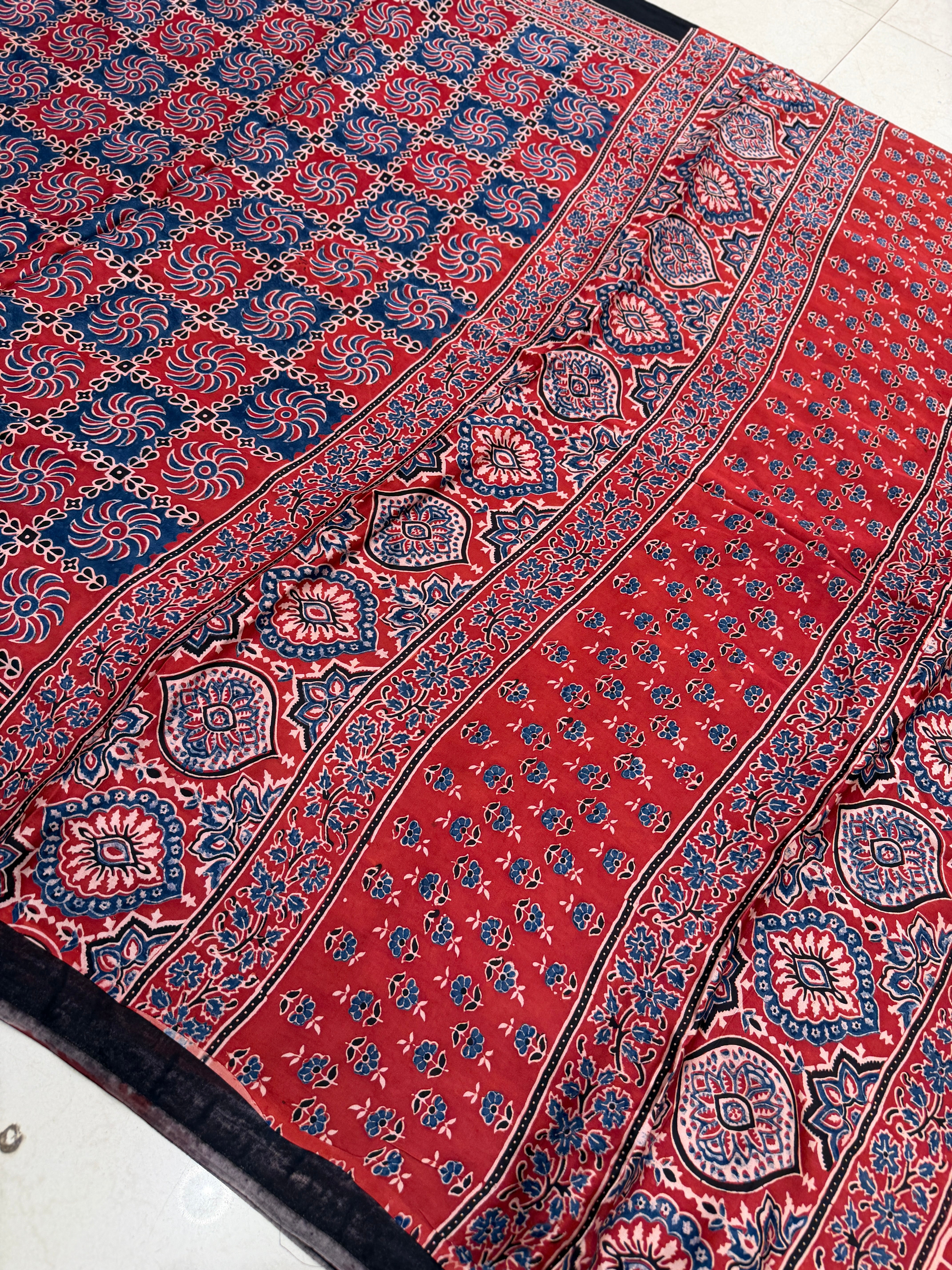 Red Checkered Ajrakh Hand Block Print Pure Gajji Silk Saree