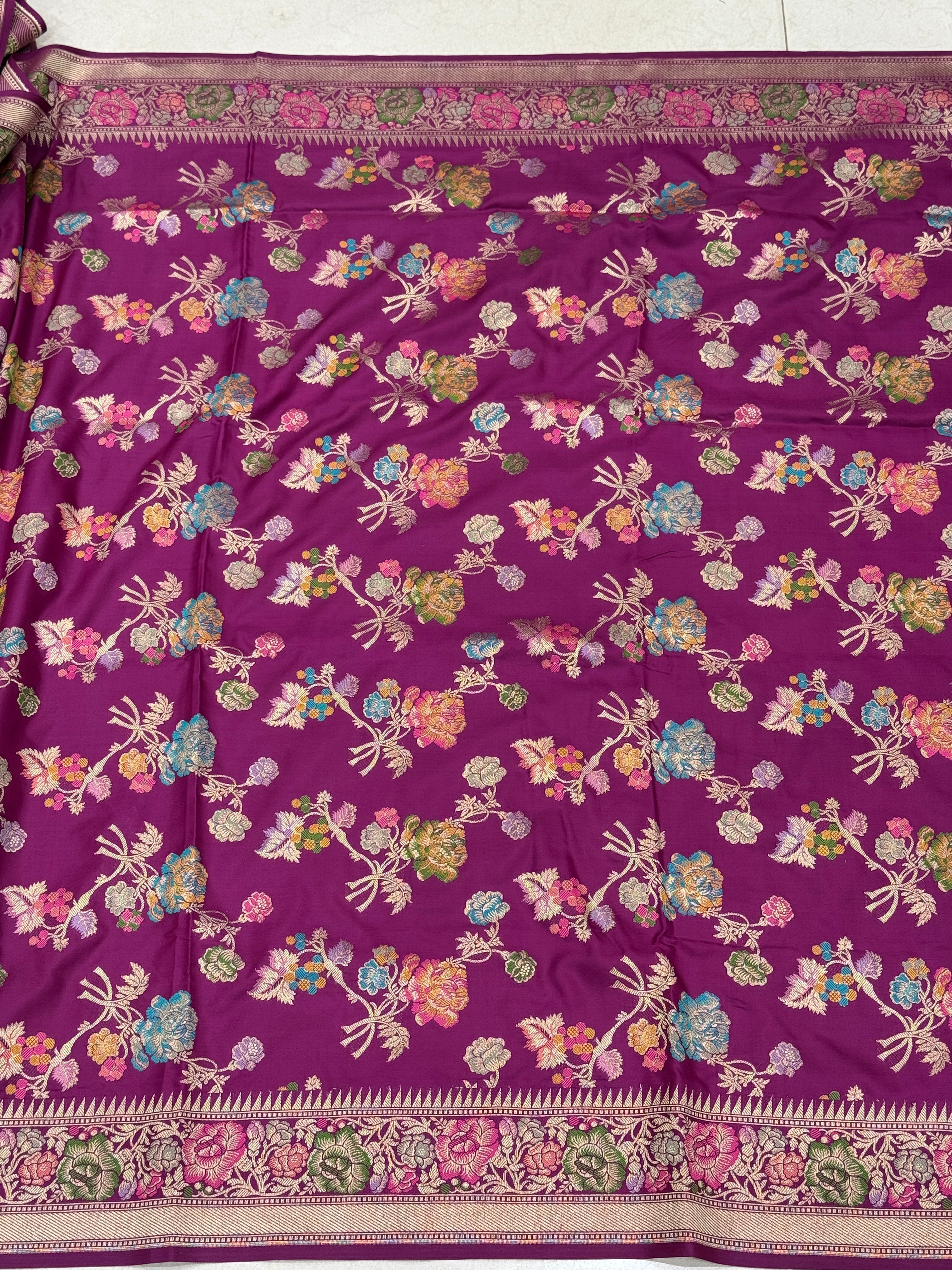 Violet Meenkari Flowers Banarasi Silk Saree
